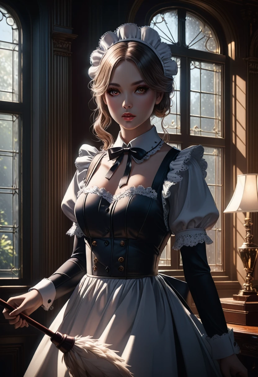 Maid Outfit, a beautiful maid with long flowing hair, detailed eyes, detailed lips, extremely detailed face, long eyelashes, intricate maid uniform with lace and ribbons, holding a feather duster, standing in a luxurious victorian-style room, window light, dramatic lighting, cinematic composition, highly detailed, photorealistic, 8k, masterpiece