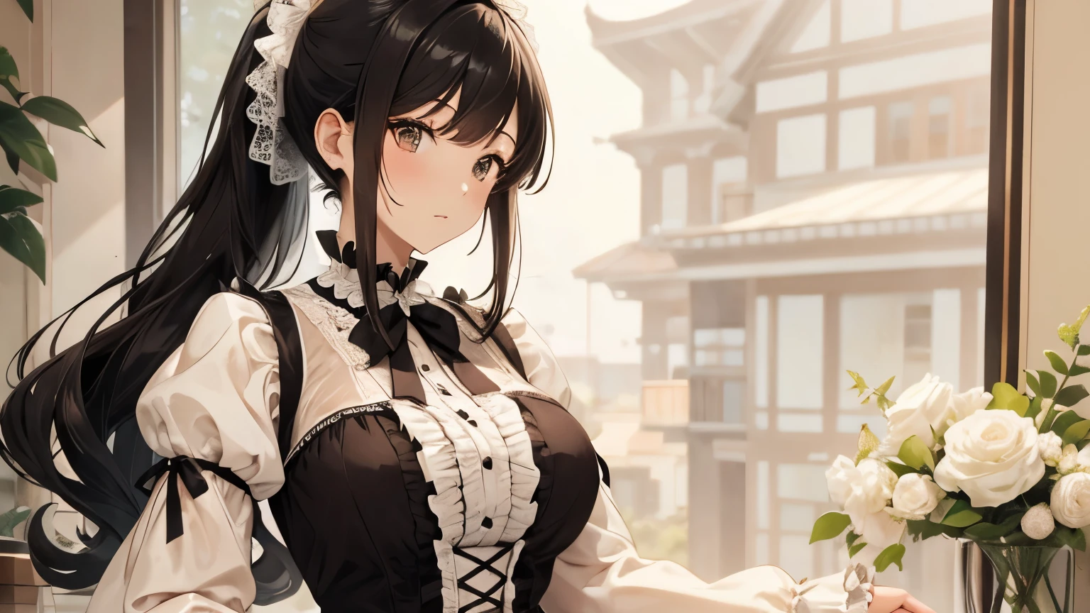 A beautiful woman wearing a brown and white sweet ta dress with lots of frills and lace Long sleeve Black hair ponytail with hair ornament Upper Body Big Breasts