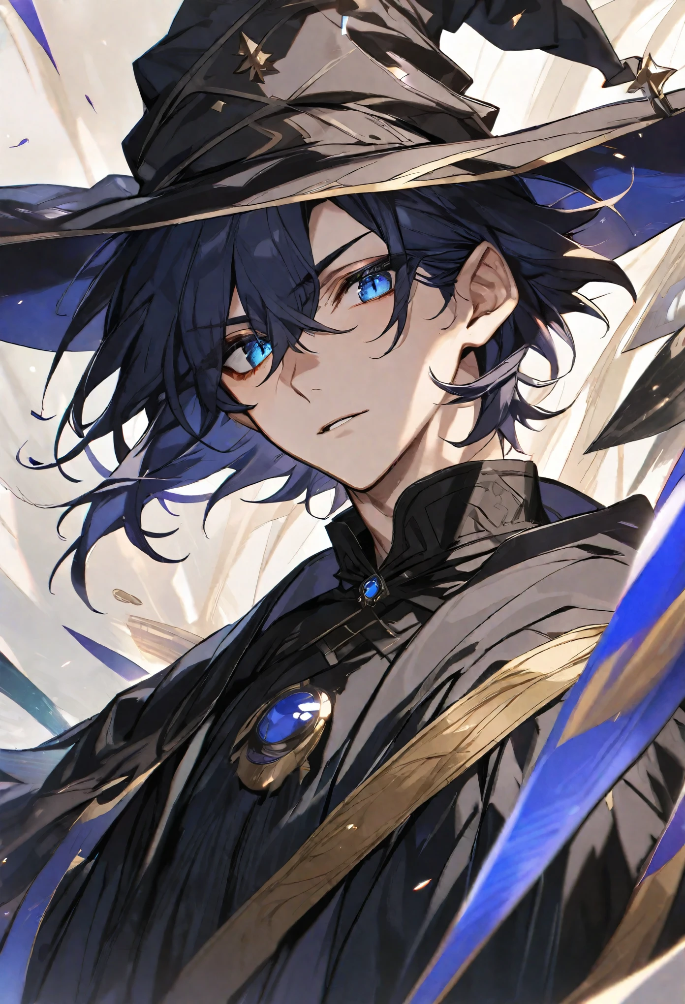 male, solo, short hair, dark blue hair, blue eyes, handsome, wizard, black robes, black point hat
