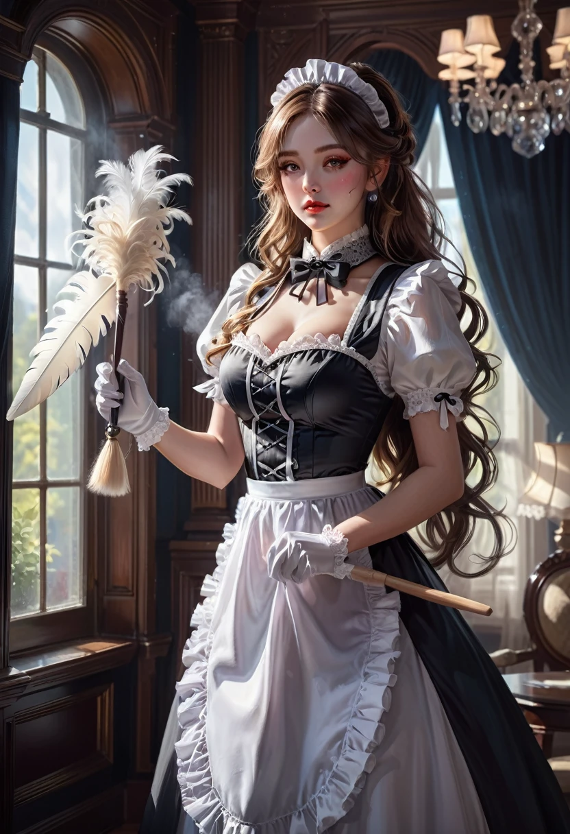 Maid Outfit, a beautiful maid with long flowing hair, detailed eyes, detailed lips, extremely detailed face, long eyelashes, intricate maid uniform with lace and ribbons, holding a feather duster, standing in a luxurious victorian-style room, window light, dramatic lighting, cinematic composition, highly detailed, photorealistic, 8k, masterpiece