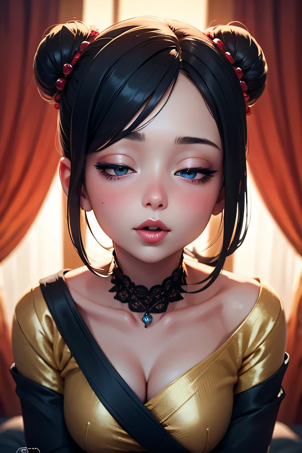 Amazing portrait of a sexy woman with a beautiful face emphasized by sexy makeup with beautifully detailed eyes and beautifully detailed lips with an extremely detailed eyes and face with long eyelashes and her black hair in a bun with her seductive eyes in an intense gaze and her mouth open with a deep blush with a flustered expression having a beautiful long neck and collarbone and a medium chest with cleavage wearing a blue saree with a lustful expression and posing sultry