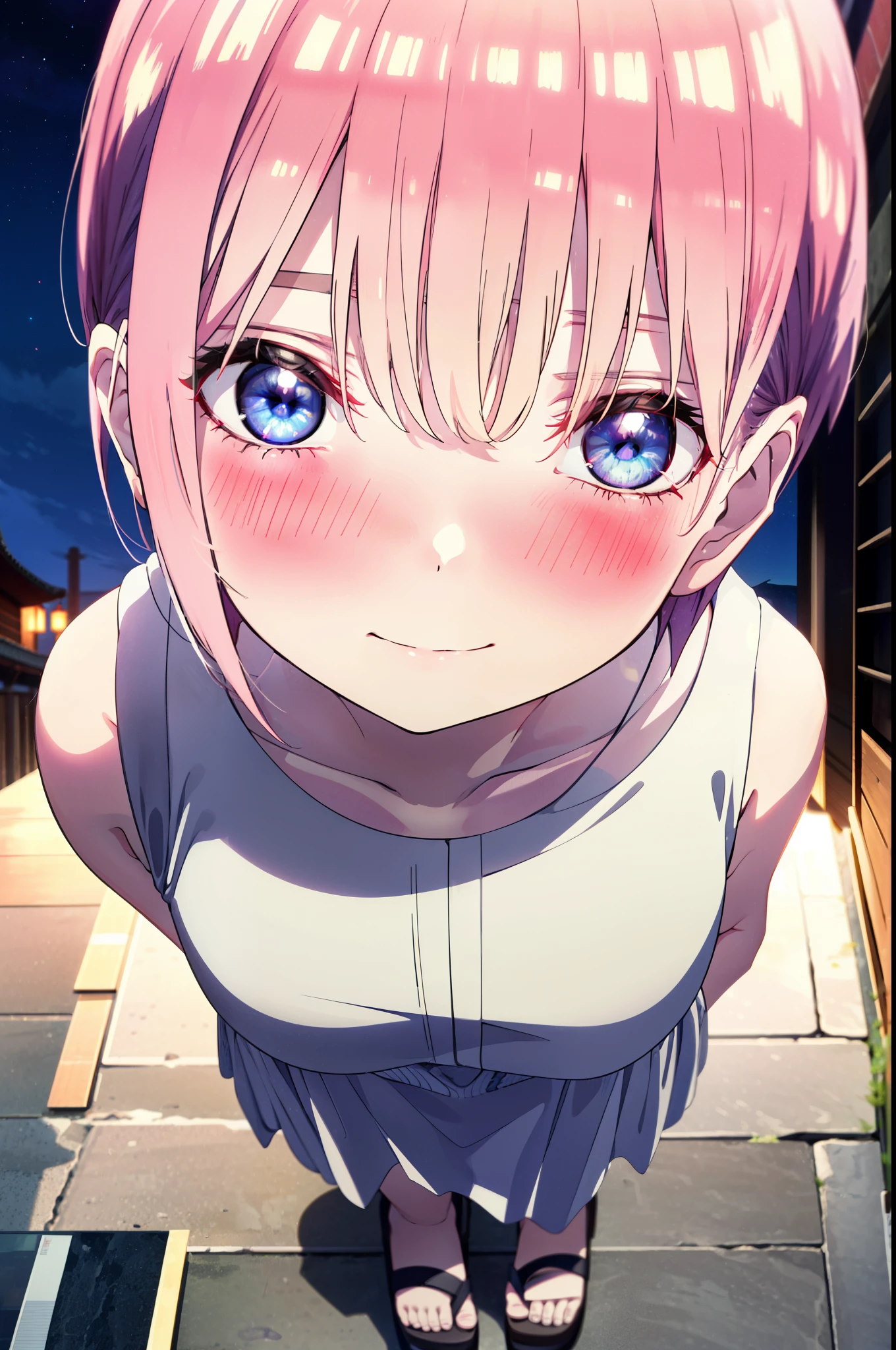 ichikanakano, ichika nakano, short hair, bangs, blue eyes, Hair between the eyes, Pink Hair,smile,Sleeveless white dress,Bare arms,White long skirt,Cute heeled sandals,whole bodyがイラストに入るように,Looking down from above,walk,moonlight,night,ロマンチックなnight景,Starry Sky,shooting star,Looking up from below,stone stageに座っている,
break outdoors, shrine,stone stage,Building district,
break looking at viewer, whole body,
break (masterpiece:1.2), highest quality, High resolution, unity 8k wallpaper, (shape:0.8), (Beautiful details:1.6), Highly detailed face, Perfect lighting, Highly detailed CG, (Perfect hands, Perfect Anatomy),
