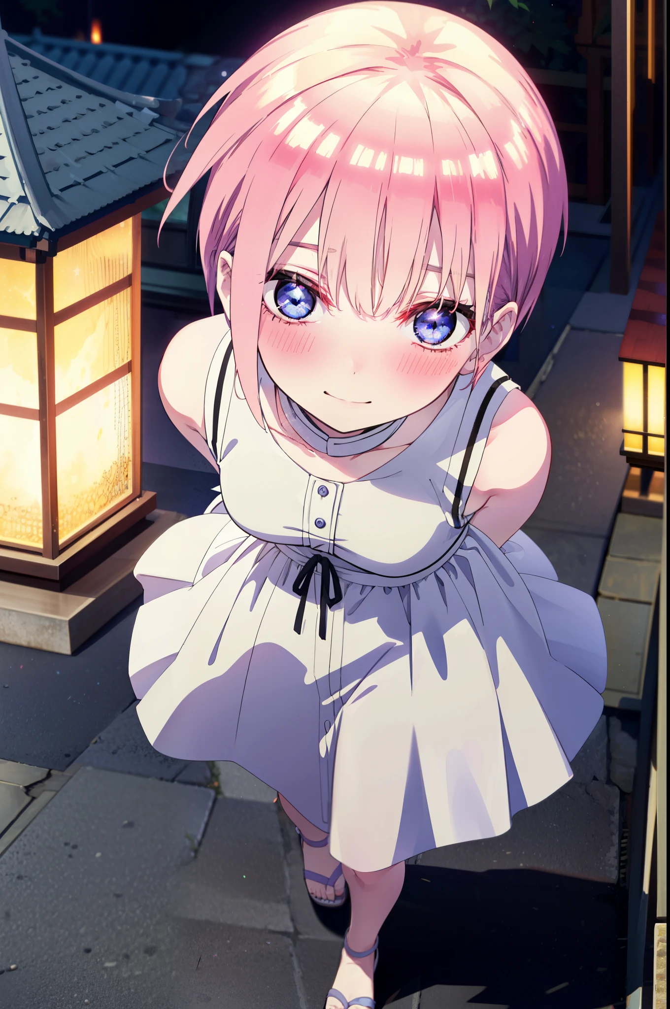 ichikanakano, ichika nakano, short hair, bangs, blue eyes, Hair between the eyes, Pink Hair,smile,Sleeveless white dress,Bare arms,White long skirt,Cute heeled sandals,whole bodyがイラストに入るように,Looking down from above,walk,moonlight,night,ロマンチックなnight景,Starry Sky,shooting star,Looking up from below,stone stageに座っている,
break outdoors, shrine,stone stage,Building district,
break looking at viewer, whole body,
break (masterpiece:1.2), highest quality, High resolution, unity 8k wallpaper, (shape:0.8), (Beautiful details:1.6), Highly detailed face, Perfect lighting, Highly detailed CG, (Perfect hands, Perfect Anatomy),