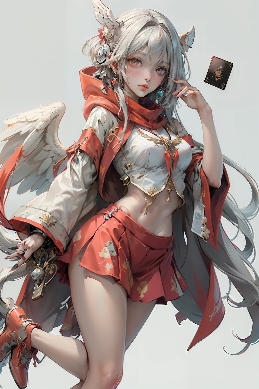 ((best quality)), ((masterpiece)), (detailed), perfect face(Golden ratio:1.2),(Fault color:1.3),[(White background:1.4)::10], (full bodyesbian:1.2),(Ultra-detailed:1.3),(tarot:1.6),(magister (tarot):1.6), (Paper:1.2)（Red and white color background） (colorful ink paper flower grow on the face:1.2), s girl，White hair，Red glowing eyes, sportrait, photorealestic,（（（Red and white trench coat））），（Red scarf)，a black pleated skirt，black t-shirts，longer sleeves，（（With a hood））Red and white headphones，((Multiple pairs of angel wings))，side-lighting, the wallpaper, NSFW, Depicting female characters from ethereal anime in a high-quality anime art style，，，8K，Red and white shoes with a sense of technology，Technology-enabled headsets (chaotic geometric images:1.3),(nagative space:0.8),(Drawing board:1.3), (ether colorful ink flowing:1.3)