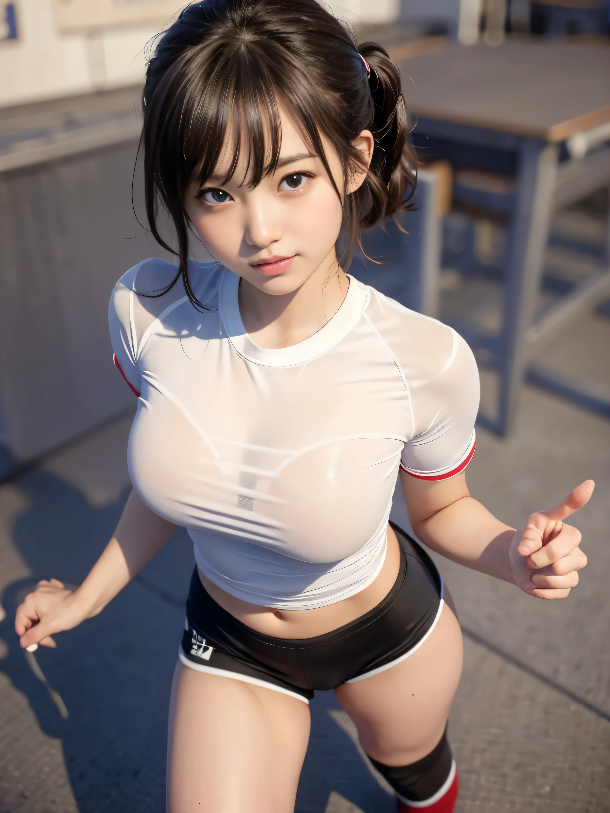 ((Beautiful Japan Girl:1.3)) ((Wear a track and field uniform:1.4)) ((Athletics field:1.3)) ,((Wet body:1.4))  ((Thin_Fabric:1.4))  ((Large breasts:1.2)) ((Close-up:1.2)) Best quality,Masterpiece,超高分辨率,(Photorealistic:1.4),RAW photo,(Authentic skin texture:1.3),(filmgrain:1.3),in a panoramic view,Character portrait,very wide wide shot,Narrow waist,Cowboy shot,(In the dark, deepshadow, low tune, Cold light,) Night,(()),streaming tears,,Dust,Tyndall effect,(expression),1girll,Beautiful detailed eyes and face,White jabot,Brown eyes,((Brown hair:1.2)) ((full bodyesbian:1.3)) ((Flat belly:1.3)) ((pony tails:1.2)) ((Random sexy pose:1.4)) ((Smile:1.2))