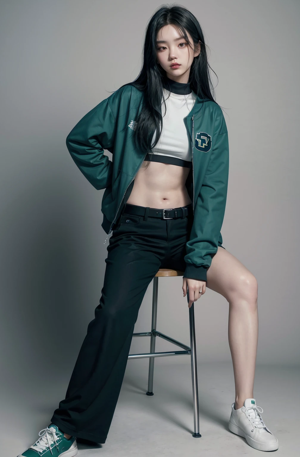 Kpop young age girl long dark blue hair, cute face, irresistible, sit pose, poser, serious face, full half body show, tattoos, wears cool black mixed blue ang green open jacket with long big sized shirt, long black pants with belt, paint background, popstar, has messy lime green hair, and a green one-suit with a diamond. He has a normal Putt Putt Troll appearance overall, as most of them resemble his appearance with exceptions like Viva. His attire a reference to the golfing attire of golfers.