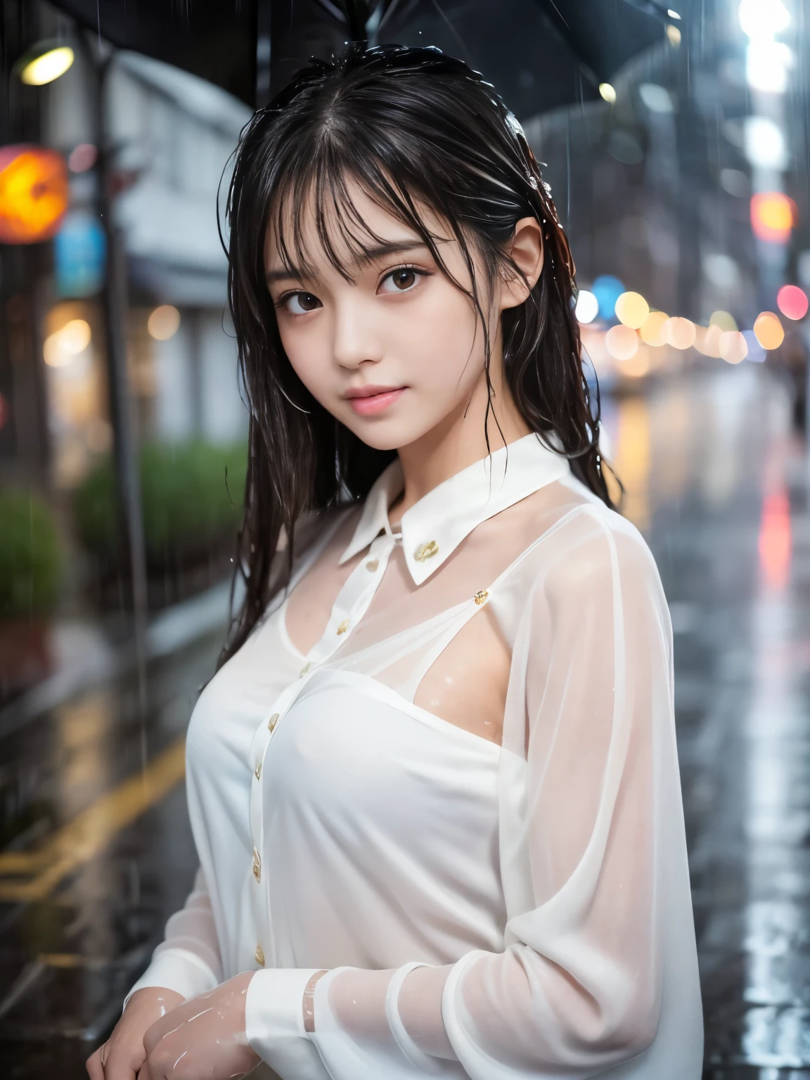 (Best-quality, Masterpiece, Ultra-High-Resolution, (Photorealistic:1.4), Raw Photo, depth of field, professional lighting, perfect anatomy, extremely details), 1girl, 15-years-old, the most famous Japanese idol, portrait, at street in heavy-rain, standing in heavy rain, (((wearing wet white-blouse from heavy-rain, extremely wet hair from heavy-rain))), (extremely cute face like the most popular Japanese idol, (extremely cute and extremely big eyes), extremely beautiful realistic-skins), extremely cute long-eyelashes, extremely cute lips, looking at viewer, innocent smile