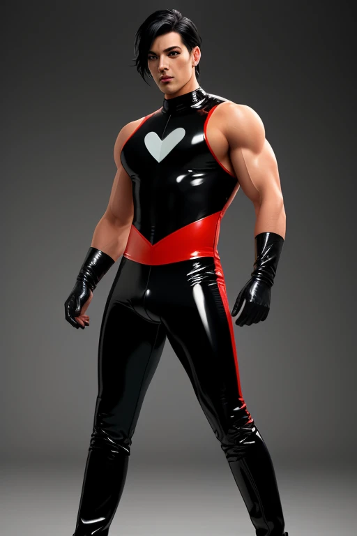 best quality,masterpiece,Ultra high detail,A handsome muscular Nightwing, Short black hair,),(super duper bulge his black and red latex spandex with boots and gloves),realistic,Grey background,