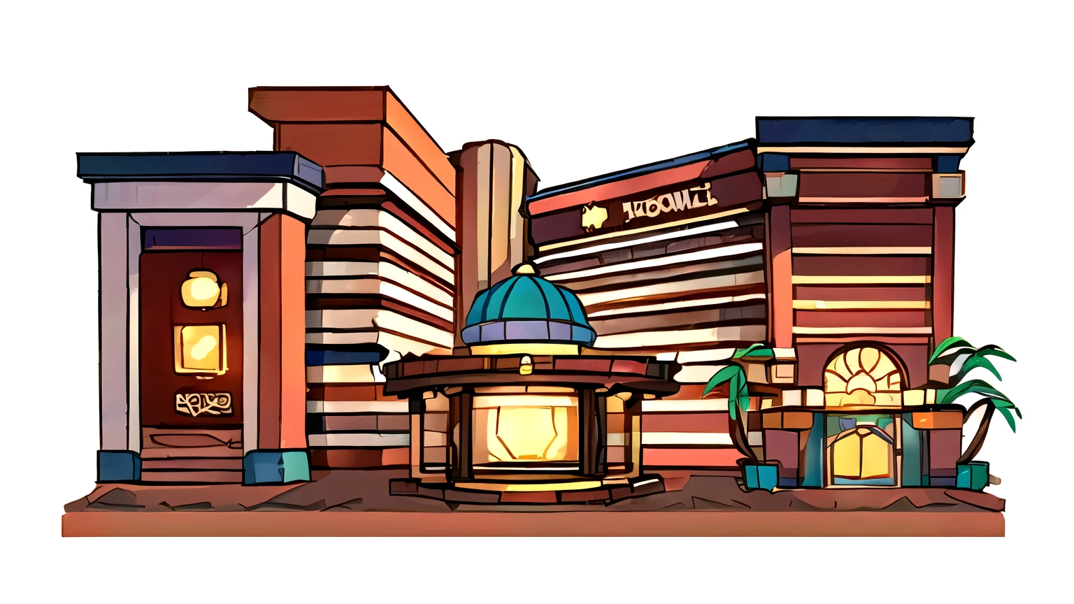 Stylized game art of a shopping mall with fountains and palm trees, stylized concept art, Detailed 2D illustrations, Stylized digital illustration, Ultra-detailed colorful low-polygon art, Finished concept art, High-detail storage, 3D rendering style, 3 d stylize scene, miniaturecore, Business Illustration，Cartoon Cottage，
