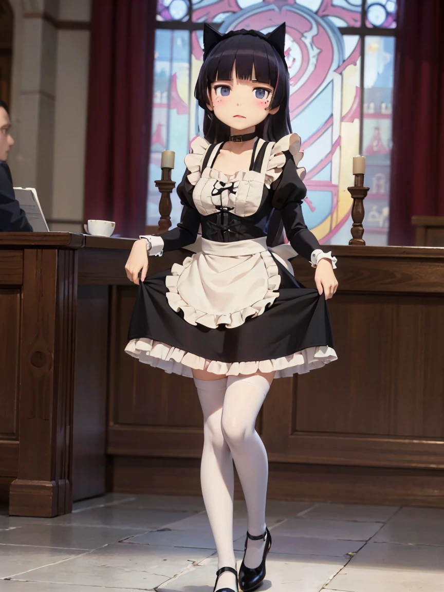 Ultra-high resolution, Attention to detail, (ruri gokou), blush, Long Hair, black hair, mole, mole under eye, 1 girl, Maid clothes, Cat ear, Black Tail, Anime Style, (apronスカート), Midi Skirt, (stockings), apron, Frills, ribbon, race, sense of cleanliness, cute, grace, service, (Demure), Cosplay, Black cat tail, collar, cuffs,Victorian, middle ages, city, church, satin, full body