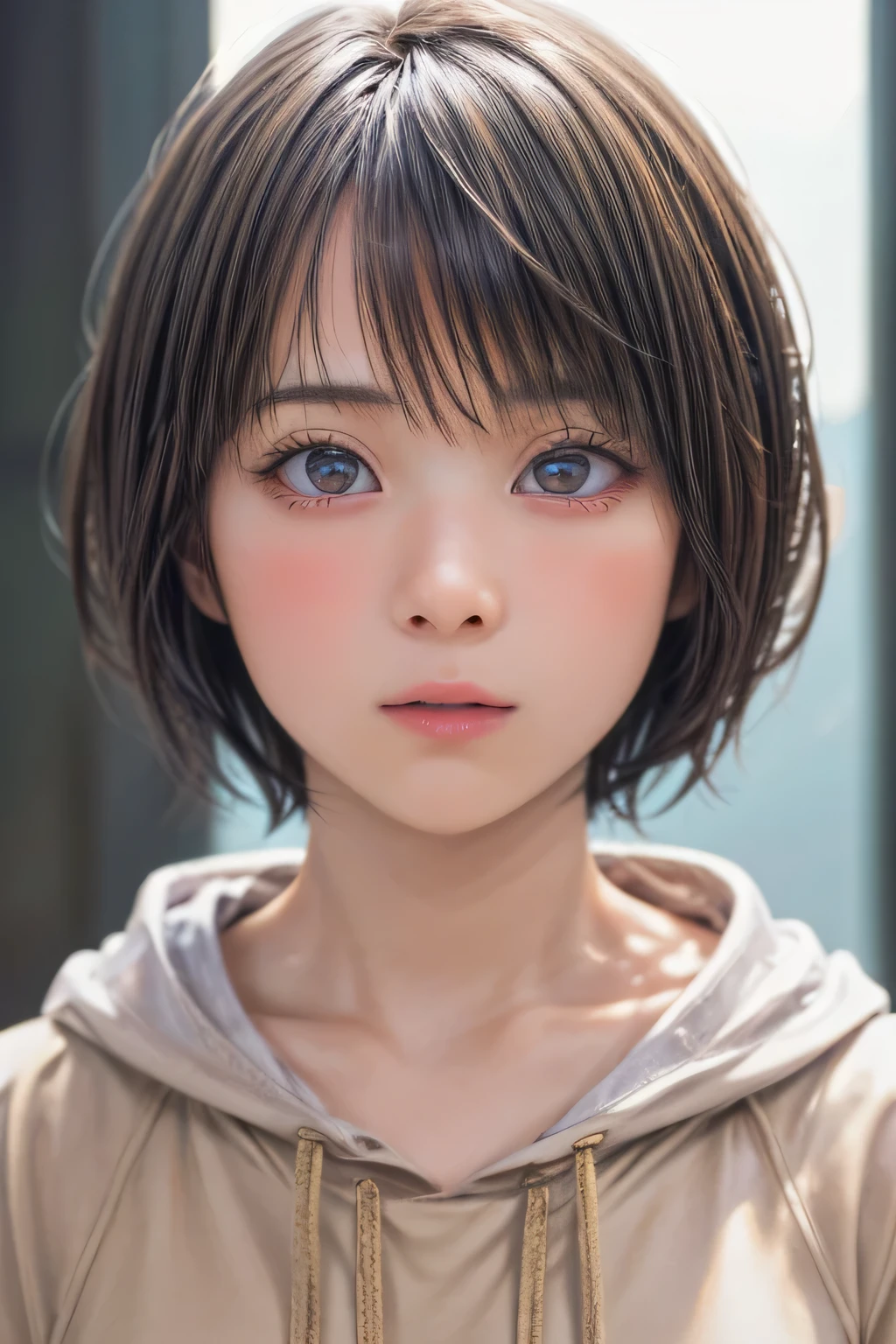 (NSFW:-1.5), (masterpiece:1.3), (8k, photorealistic, RAW photo, best quality: 1.4), 
cinematic lighting, 
(1girl), beautiful face, (realistic face), 
beautiful hairstyle, (short hair :1.5),
realistic eyes, beautiful detailed eyes, 
(realistic skin), beautiful skin, 
(hoodie without a hood), 
absurdres, attractive, 
ultra high res, ultra realistic, highly detailed, 
golden ratio,  