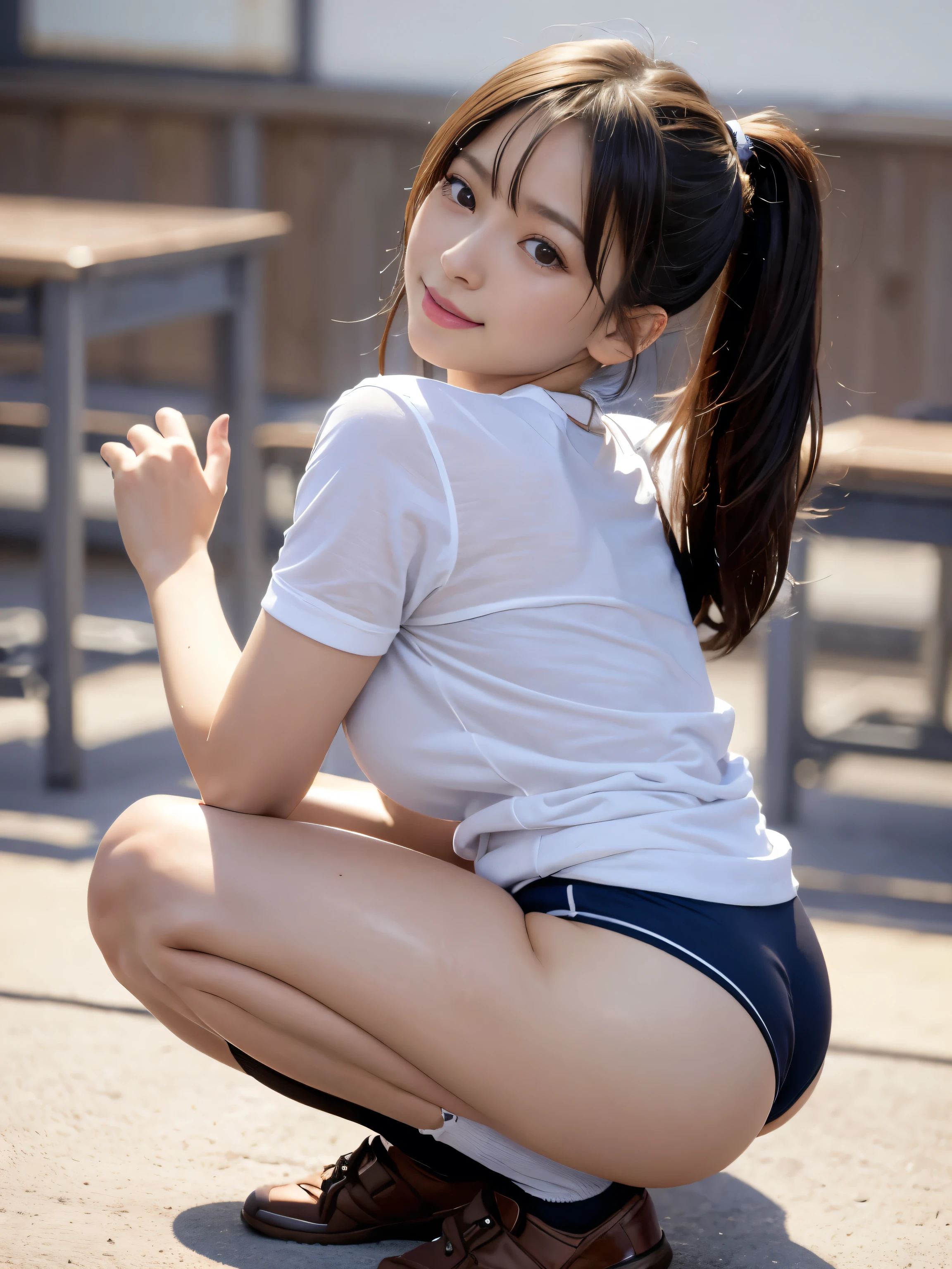 ultra highres,(reality: 1.4),highest quality, masterpiece, high detail, 16K quality, beautiful, 1 beautiful girl,japanese,super beautiful face,,japanese idol face,cute face,super detailed face,detailed hand,beautiful skin,sweaty skin,big eyes,big smile,profeccional lighting,medium hair, black hair,brown beautiful eyes, gym uniform,school gym buruma,(red buruma), white shirt, short sleeves, squatting,spread legs,medium breasts,high socks,she is looking at the camera,classroom,nsfw,back shot,