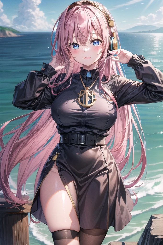 ((masterpiece)),(highest quality),Official Art,((In real photo style:1.2)),Highly detailed CG,unity 8k wallpaper,Super detailed,Lighthouse on top of a cliff by the sea,One mature woman,alone,Upper Body,(Portraiture:1.2),megurine luka,Long Hair,fringe,headset,Black Shirt,smile,blue eyes,Hair between the eyes,Big Breasts,Pink Hair,Black knee socks,Headphones,Black Skirt,Wrist cuff,Long skirt,