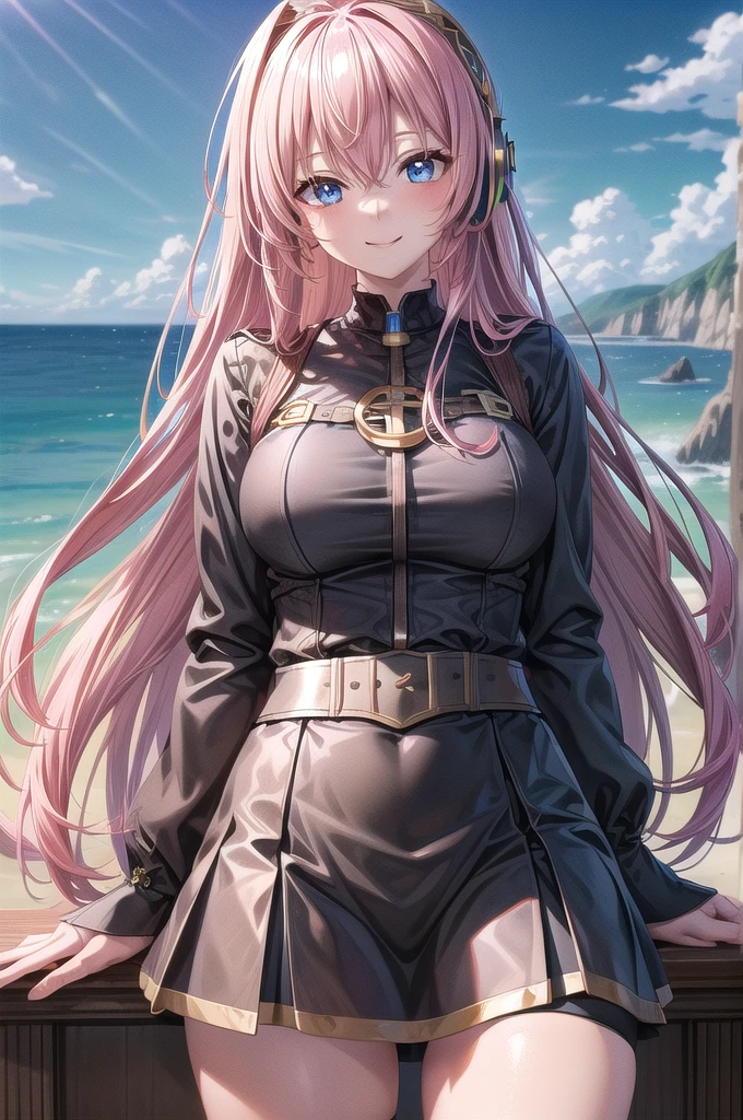 ((masterpiece)),(highest quality),Official Art,((In real photo style:1.2)),Highly detailed CG,unity 8k wallpaper,Super detailed,Lighthouse on top of a cliff by the sea,One mature woman,alone,Upper Body,(Portraiture:1.2),megurine luka,Long Hair,fringe,headset,Black Shirt,smile,blue eyes,Hair between the eyes,Big Breasts,Pink Hair,Black knee socks,Headphones,Black Skirt,Wrist cuff,Long skirt,