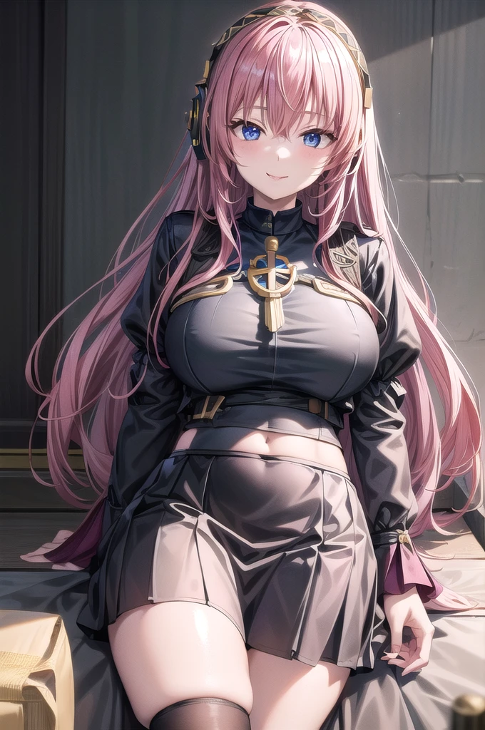 ((masterpiece)),(highest quality),Official Art,Highly detailed CG,unity 8k wallpaper,Super detailed,Lighthouse on top of a cliff by the sea,One mature woman,alone,Upper Body,(Portraiture:1.2),megurine luka,Long Hair,fringe,headset,Black Shirt,smile,blue eyes,Hair between the eyes,Big Breasts,Pink Hair,Black knee socks,Headphones,Black Skirt,Wrist cuff,Long skirt,