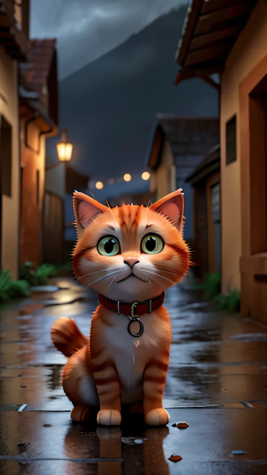 A ginger cat with sad eyes, huddled in a dark alleyway, rain pouring down.