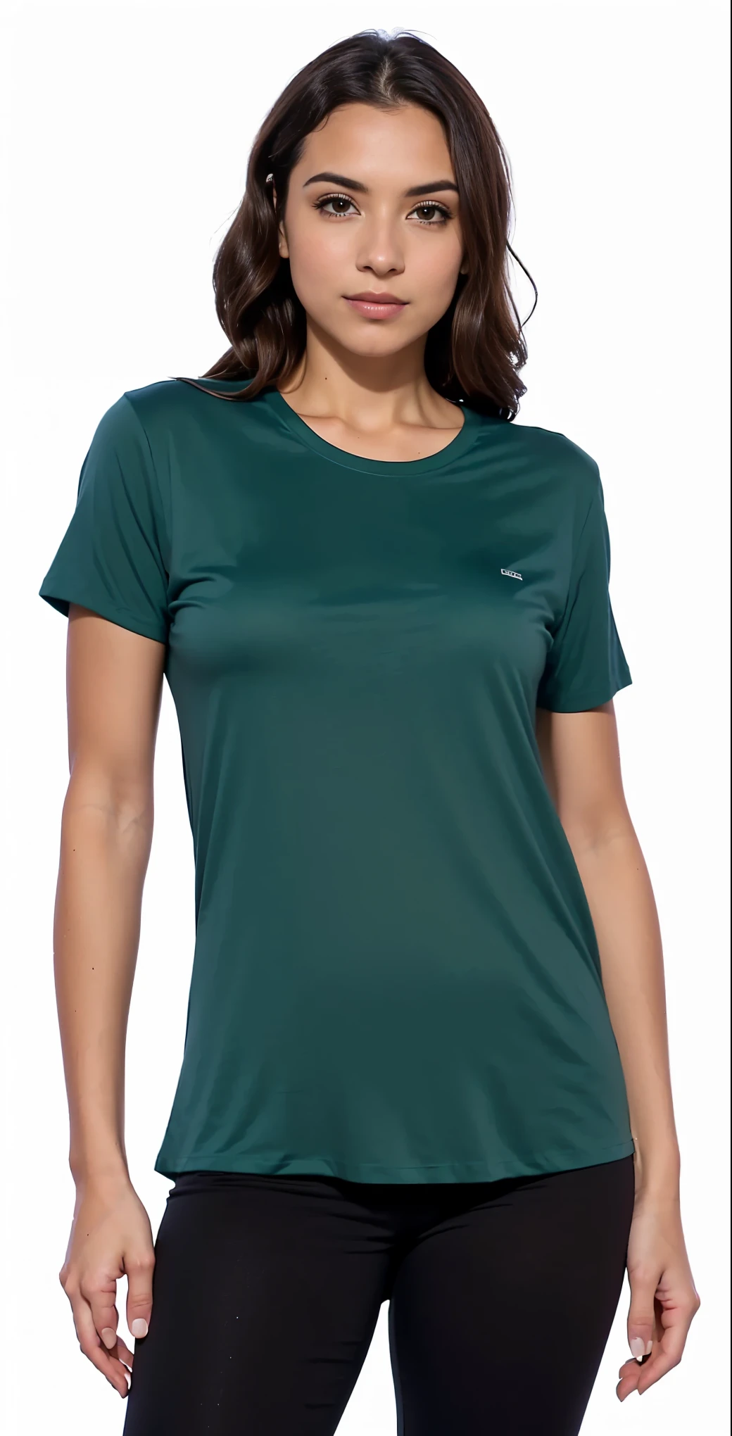 a woman wearing a camiseta T-shirt verde and black pants, in a dark t-shirt, dark camiseta, Manga curta, Verde escuro, in a Verde escuro t-shirt, Chique, camiseta color graded, camiseta verde, 3/4 view, 3 / 4 view, camiseta, foto do produto, close-up - ver