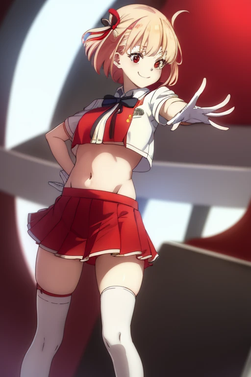 2D, masterpiece, highest quality, anime, Very detailed, whole body, 1 girl, alone, Marine_Idol, hololive Idol uniform, White ribbon, White gloves, Red ribbon, Red bow tie, Layered skirt, Navel clipping, Mismatched legwear, Red Stockings, Black Stockings, Heterochromia iridis, Red eyes, Yellow Eyes, Break Stage, Red light, Dynamic pose, smile 