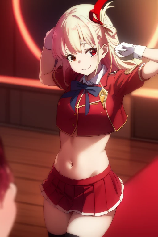 2D, masterpiece, highest quality, anime, Very detailed, whole body, 1 girl, alone, Marine_Idol, hololive Idol uniform, White ribbon, White gloves, Red ribbon, Red bow tie, Layered skirt, Navel clipping, Mismatched legwear, Red Stockings, Black Stockings, Heterochromia iridis, Red eyes, Yellow Eyes, Break Stage, Red light, Dynamic pose, smile 