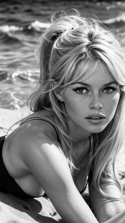 ((black and white photo of Brigitte Bardot in 1955)), Detailed full body view of a bbardot woman, MBB, with wavy messy blond ponytail with bangs, detailed face, Beautiful, Perfect Eyes, (highly detailed skin:1.1), perfect body, Professional Photography, Soft Lighting, Photorealistic, Realistic, ((laying at the beach)), RAW, analog style, sharp focus, 8k, high res, DSLR, high quality, Fujifilm XT3, film grain, award winning, stunning