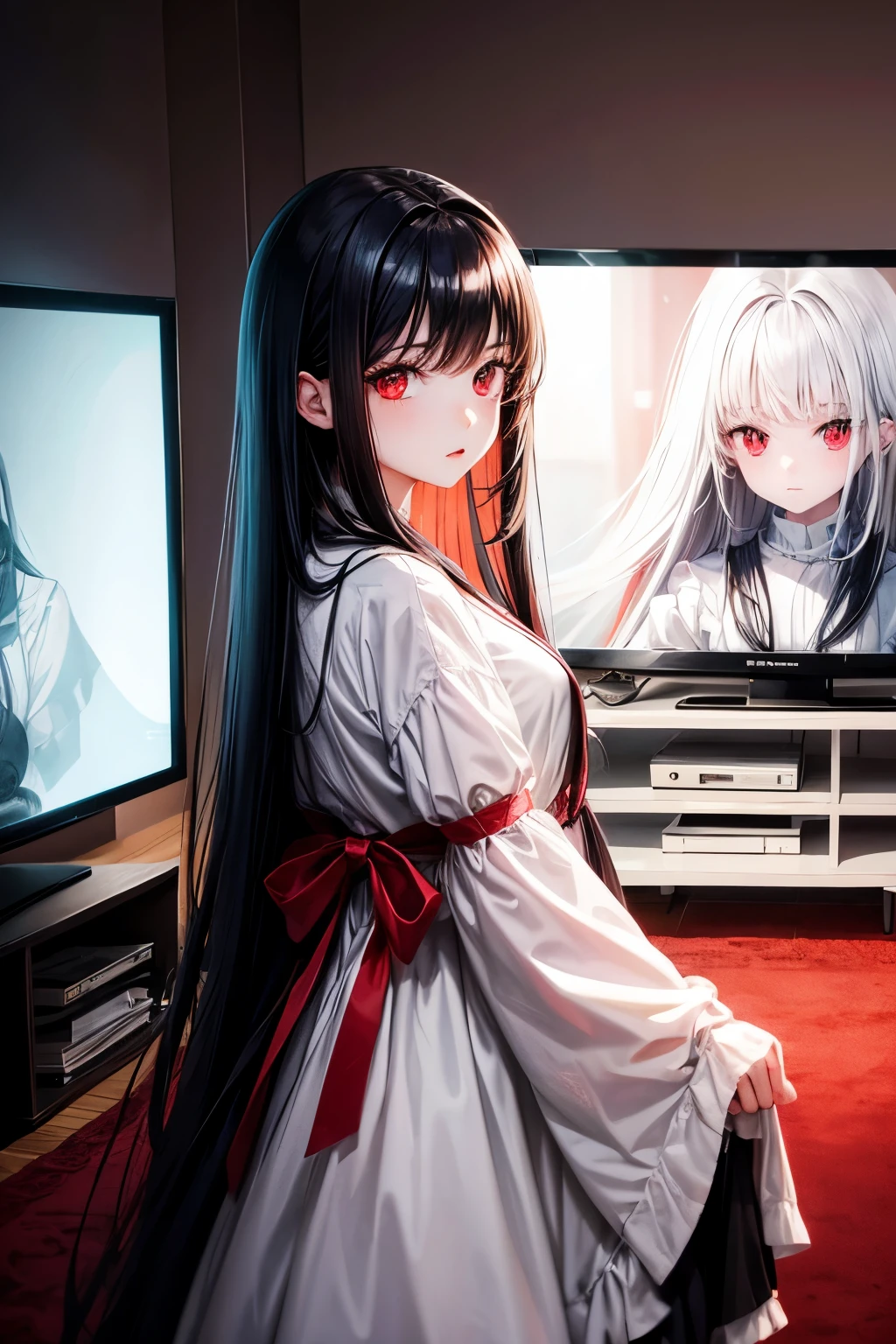 Girl with long black hair, red eyes, white dress, standing in front of the TV,Horror backgrounds