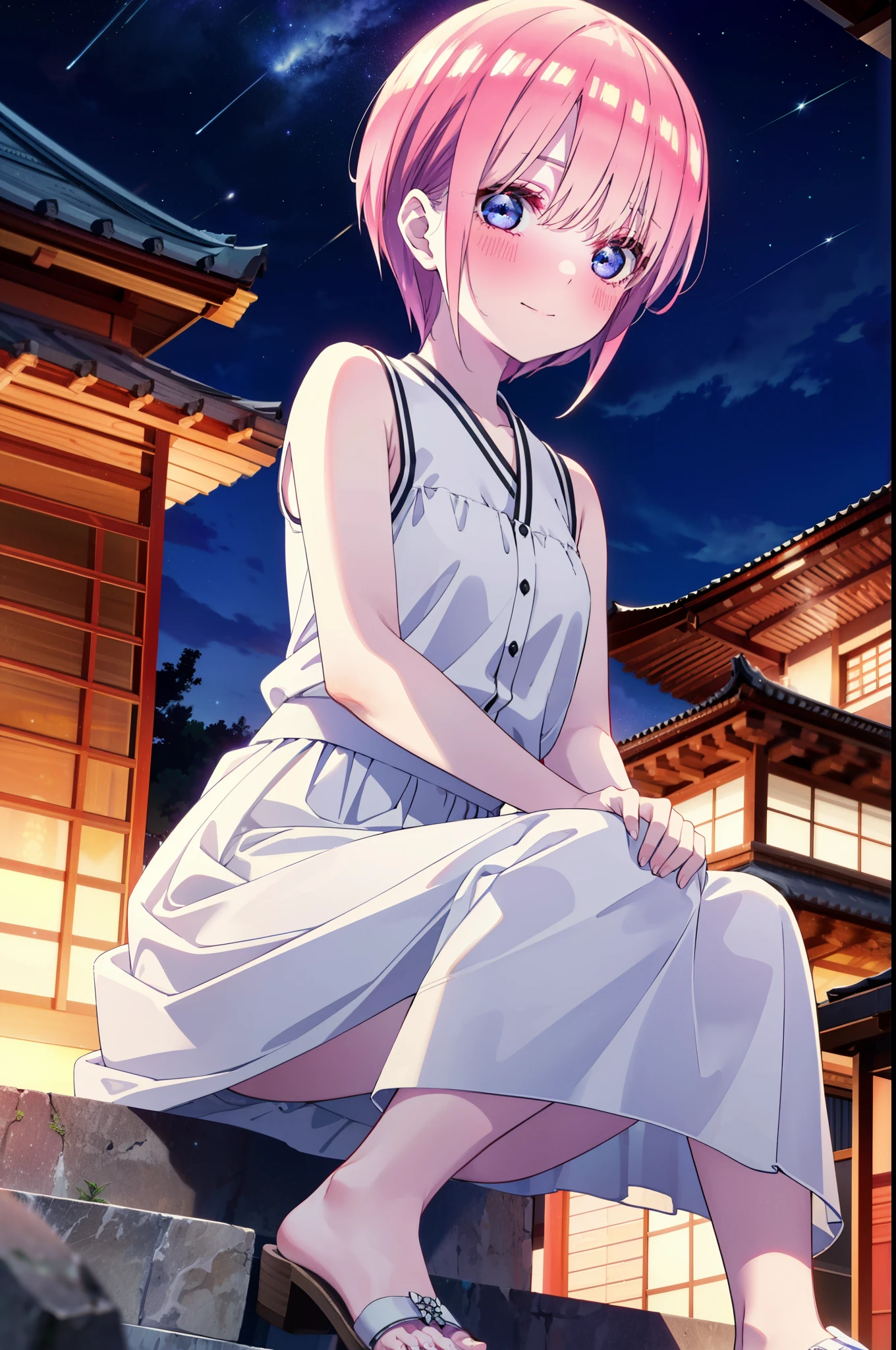 ichikanakano, ichika nakano, short hair, bangs, blue eyes, Hair between the eyes, Pink Hair,smile,Sleeveless white dress,Bare arms,White long skirt,Cute heeled sandals,whole bodyがイラストに入るように,Looking down from above,walk,moonlight,night,ロマンチックなnight景,Starry Sky,shooting star,Looking up from below,stone stageに座っている,
break outdoors, shrine,stone stage,Building district,
break looking at viewer, whole body,
break (masterpiece:1.2), highest quality, High resolution, unity 8k wallpaper, (shape:0.8), (Beautiful details:1.6), Highly detailed face, Perfect lighting, Highly detailed CG, (Perfect hands, Perfect Anatomy),