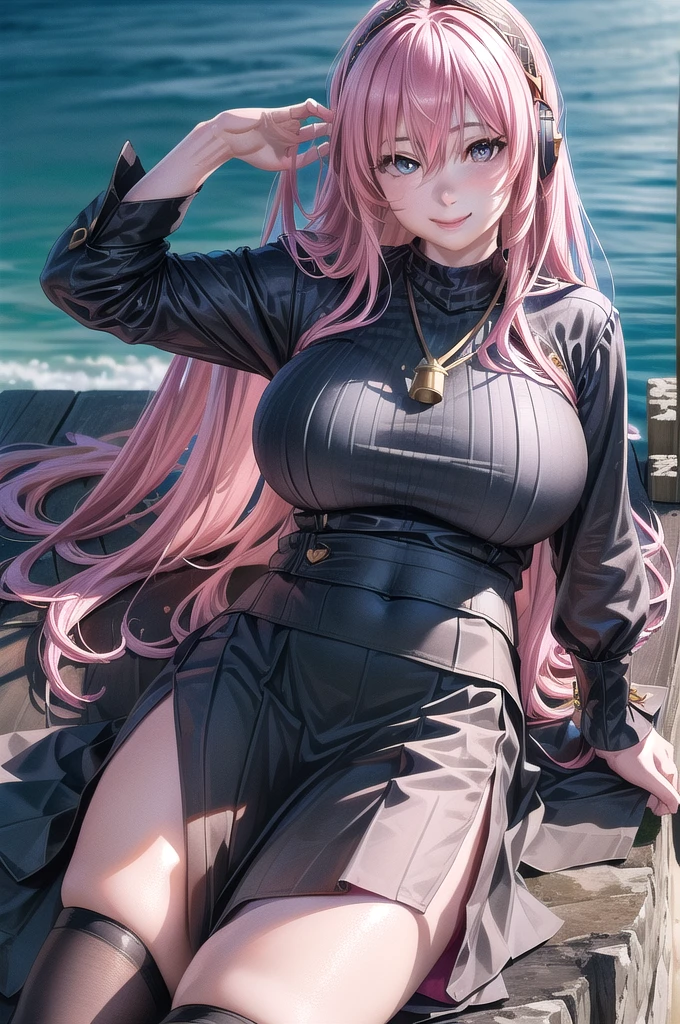 ((highest quality, 8K resolution, (Realistic, photoRealistic:1.37)),((masterpiece)),,Highly detailed CG,unity 8k wallpaper,Super detailed,Lighthouse on top of a cliff by the sea,One mature woman,alone,Upper Body,(Portraiture:1.2),megurine luka,Long Hair,fringe,headset,Black Shirt,smile,blue eyes,Hair between the eyes,Big Breasts,Pink Hair,Black knee socks,Headphones,Black Skirt,Wrist cuff,Long skirt,