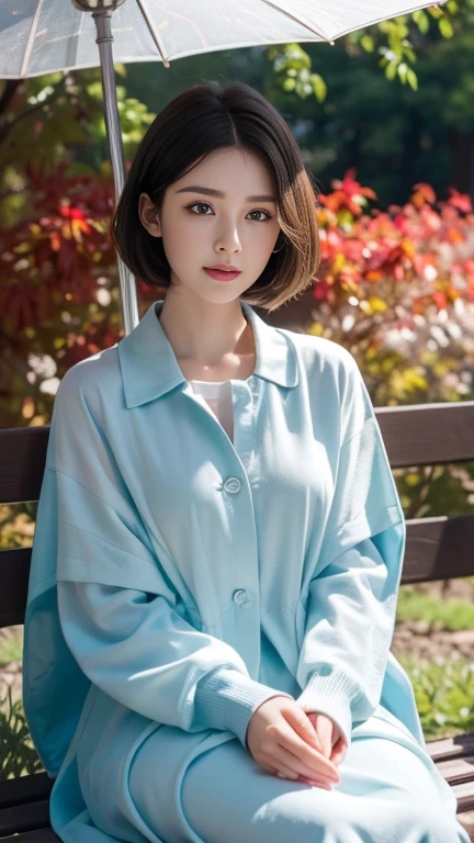 beautiful woman in a raincoat sitting on a bench, Autumn Garden, red maple leaves, detailed face with charming eyes, unusual haircut, charm, excitation, ecstasy, Bright sunlight, (Best quality, 4k, 8k, a high resolution, masterpiece: 1.2), ultra-detailed ,(realistic, фотоrealistic, фотоrealistic: 1.37), extremely detailed eyes and face, long eyelashes, Detailed facial features, porcelain skin, elegant, elegant, daylight, bright colors, soft focus