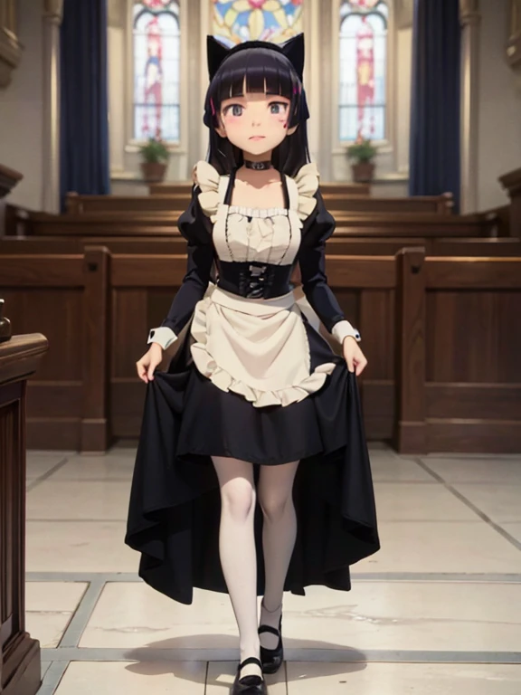 Ultra-high resolution, Attention to detail, (ruri gokou), blush, Long Hair, black hair, mole, mole under eye, 1 girl, Maid clothes, Cat ear, Black Tail, Anime Style, (apronスカート), Midi Skirt, (stockings), apron, Frills, ribbon, race, sense of cleanliness, cute, grace, service, (Demure), Cosplay, Black cat tail, collar, cuffs,Victorian, middle ages, city, church, satin, full body