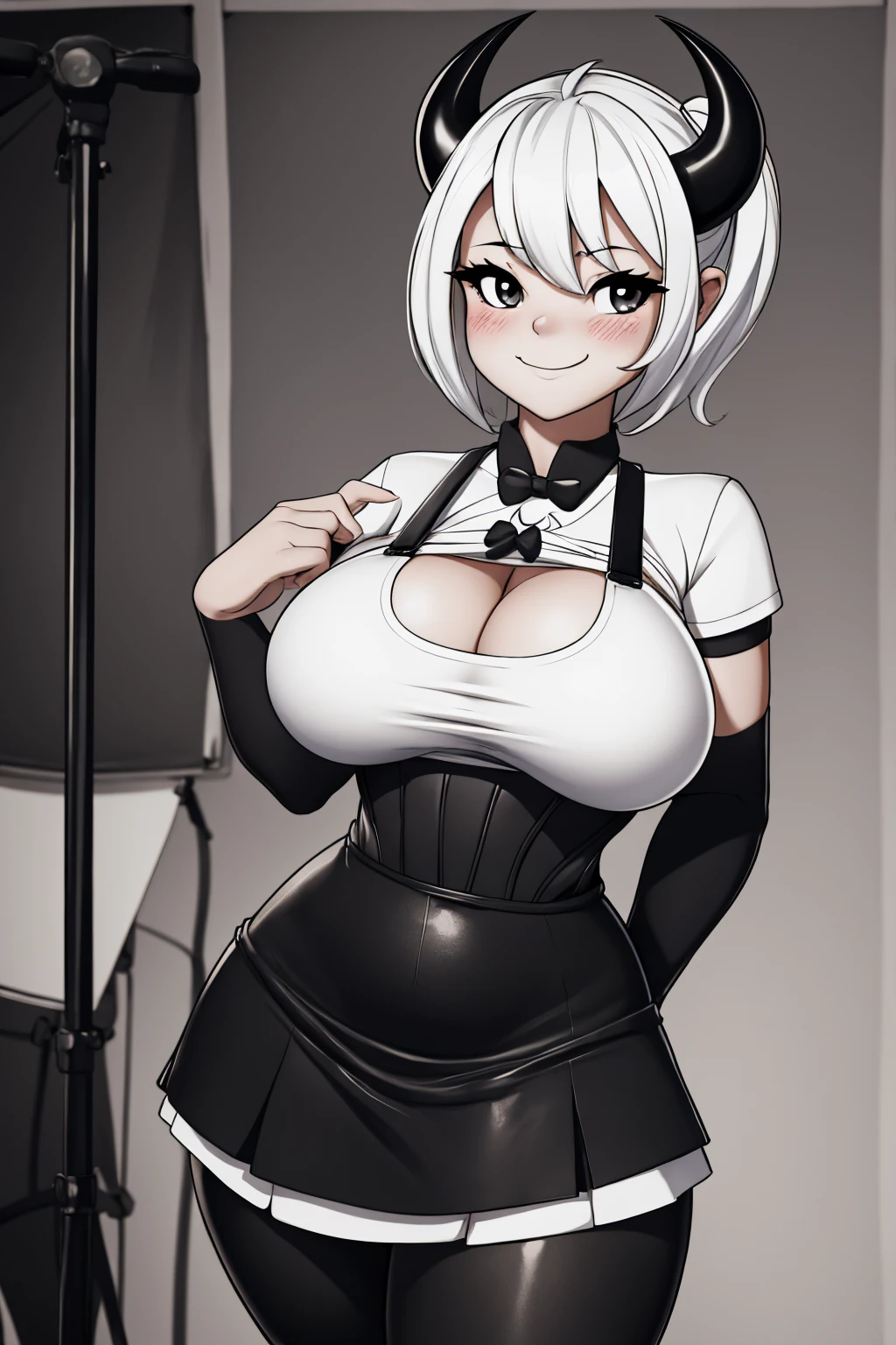 bendy ink devil black and white devil horns devil tail big breasts breast enlargement breasts white t-shirt black suspender skirt blushing and smiling looking at the camera standing alone in the studio