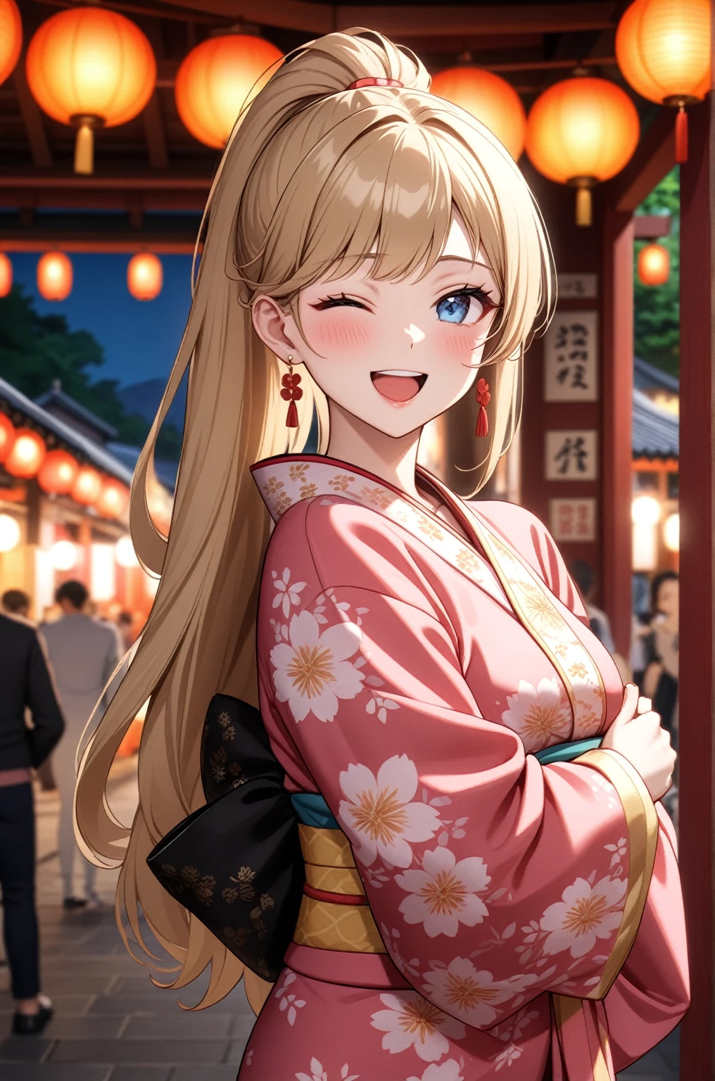 ((One woman)), Beautiful Face,Laughing embarrassedly,((Wink:1.6)),Laugh with a big mouth,(Looking into the distance),Become bright red,Sweat on the face,Glossy pink lips,night,Shrine festival stalls, ((Anime style background)),masterpiece, highest quality, so beautiful, up to date, Complex details, (Pink long nails),AI-generated, Complex,High resolution, highest quality, super high quality,3D Images、View the viewers、3D Images,one person,Long Blonde Hair,High Ponytail,blue eyes,Anime woman posing for a photo, [[Fine grain、Colorful eyes、Shining Eyes:1.15]],(Squint your eyes:1.1),a hyperRealistic , hyperRealistic , Realistic,Blonde anime woman with long hair, Smooth anime CG art, A woman in a colorful kimono with gold embroidery, (Yellow kimono),Pink floral pattern,Long flower hair ornament,Big earrings,(Large Breasts:1.2),A valley covered with kimono,Mature Body,tall,Big Ass,Fine details,Narrow waist,Six-pack,Photographed from diagonally above,looking at the camera