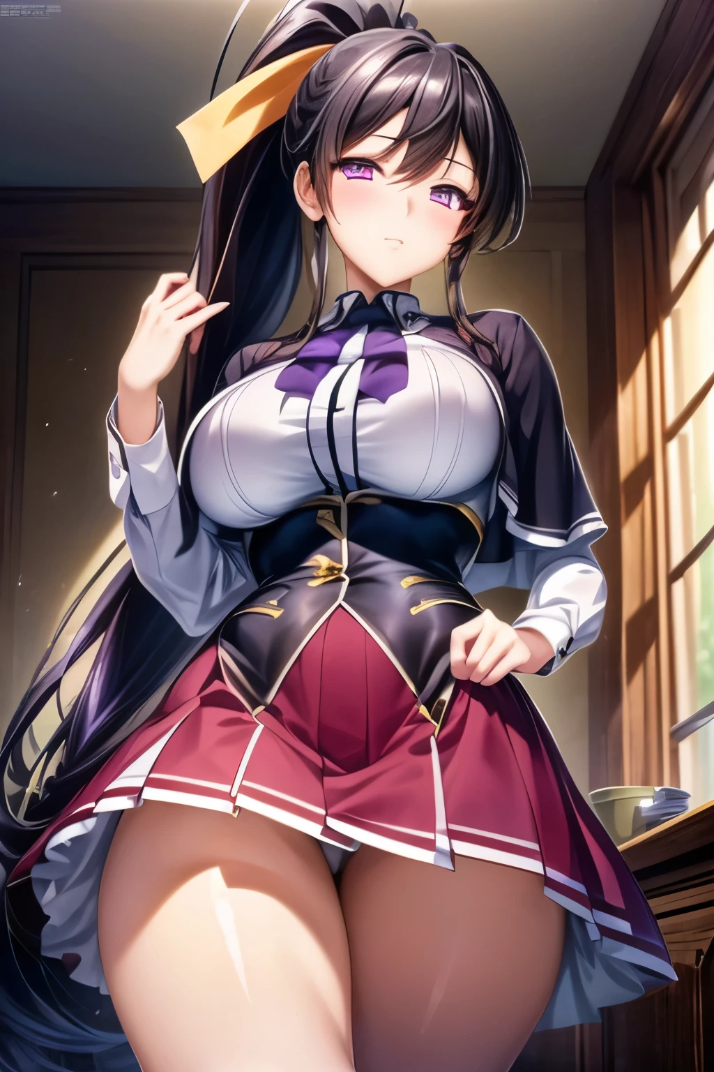 (masterpiece:1.2), best quality, high resolution, unity 8k wallpaper, (illustration:0.8), (beautiful detailed face:1.2, beautiful detailed eyes:1.2), perfect lighting, extremely detailed CG, (perfect hands, perfect anatomy),
Cute, beautiful, charming lady, shiny hair, lustrous skin, beautiful light big eyes,
milf, married woman, soft With a gentle appearance and a gentle mother-like atmosphere,
akeno_a, black hair, long hair, very long hair, ponytail, hair ribbon, ribbon, purple eyes, large breasts,capelet, neck ribbon, black ribbon, shirt, long sleeves, black corset, red skirt,