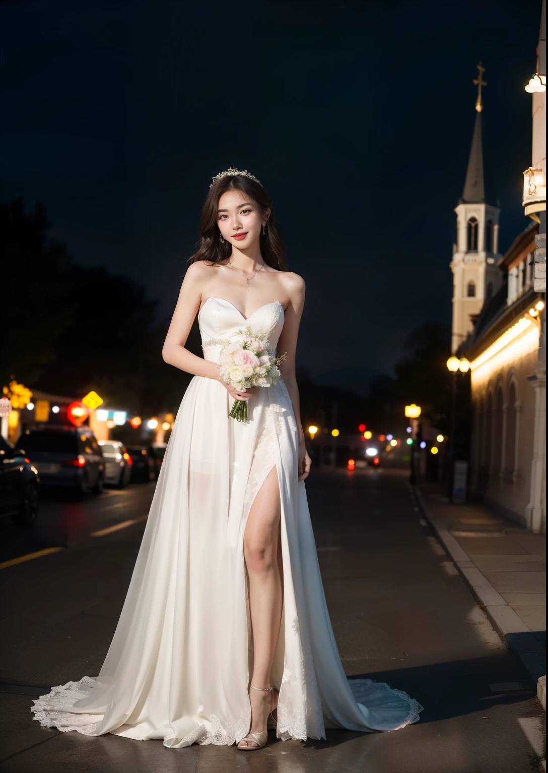 Beautiful 18 year old skinny woman。She is wearing a wedding dress. She is smiling on illuminated by the evening church lights . her dark brown hair. High resolution、masterpiece、highest quality、頭w:1.0、((Hasselblad Photos))、fine skin、(movie lighting)、clavicle . full body picture.