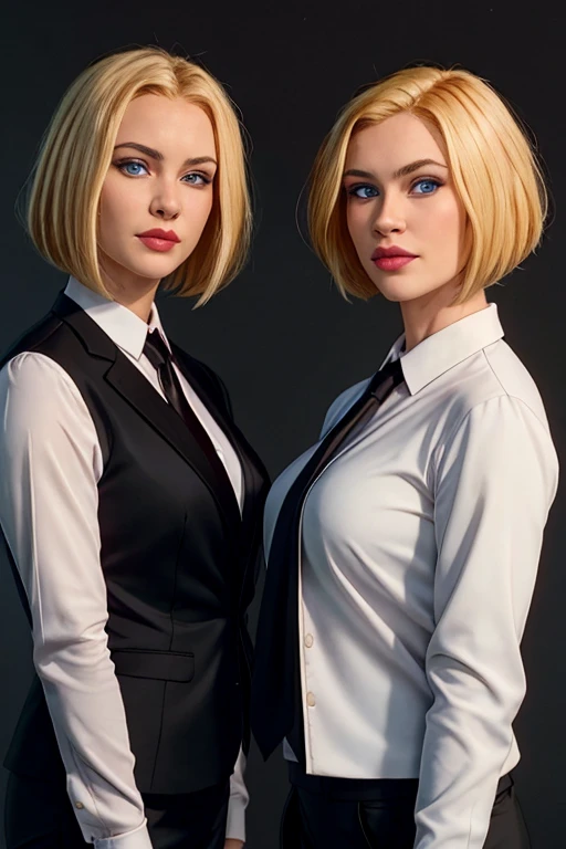 masterpiece, high quality, best quality, realistic, fine detail, black suit, black necktie, MIBSuit, white shirt, Black Suit, Balck Jackwt Coat, Formal Look,  large breasts, (muscular female:0.8), portrait, upper body, blank background, Agent L, blue eyes, blonde hair, short hair, bob hair, black suit, black jacket