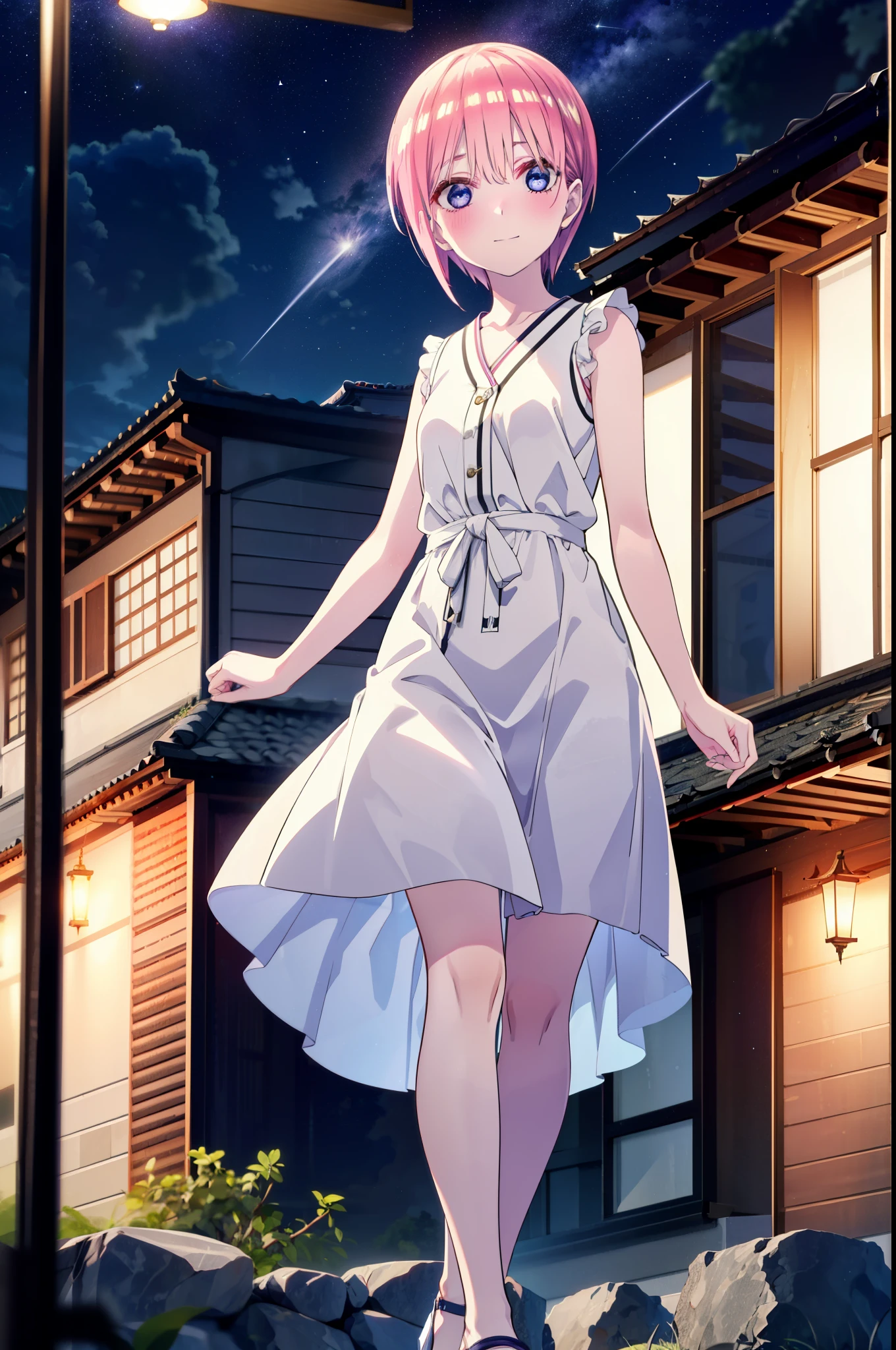 ichikanakano, ichika nakano, short hair, bangs, blue eyes, Hair between the eyes, Pink Hair,smile,Sleeveless white dress,Bare arms,White long skirt,Cute heeled sandals,whole bodyがイラストに入るように,Looking down from above,walk,moonlight,night,ロマンチックなnight景,Starry Sky,shooting star,Looking up from below,stone stageに座っている,
break outdoors, shrine,stone stage,Building district,
break looking at viewer, whole body,
break (masterpiece:1.2), highest quality, High resolution, unity 8k wallpaper, (shape:0.8), (Beautiful details:1.6), Highly detailed face, Perfect lighting, Highly detailed CG, (Perfect hands, Perfect ???????),