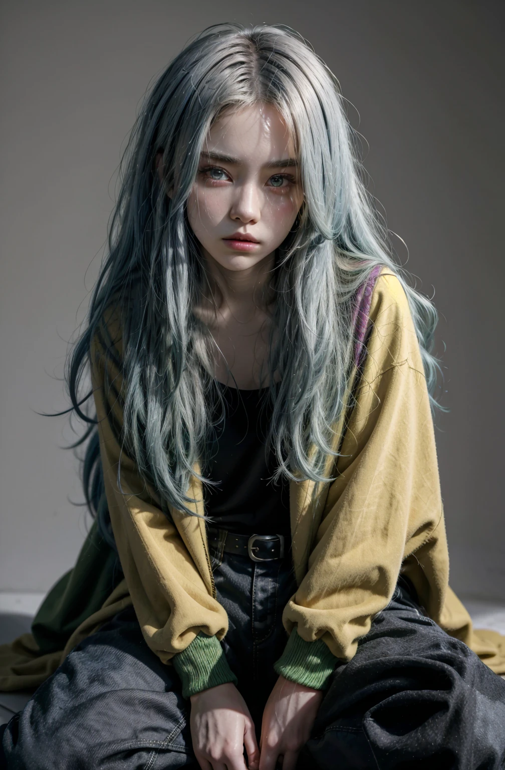 Kpop young age girl long dark yellow hair, cute face, irresistible, sit pose, poster, serious face, full half body show, tattoos, wears cool black mixed blue ang green open jacket with long big sized shirt, long black pants with belt, (gray background), popstar, has messy lime green hair, and a green one-suit with a diamond. Her has a normal Putt Putt Troll appearance overall, as most of them resemble his appearance with exceptions like Viva. Her attire a reference to the golfing attire of golfers.
