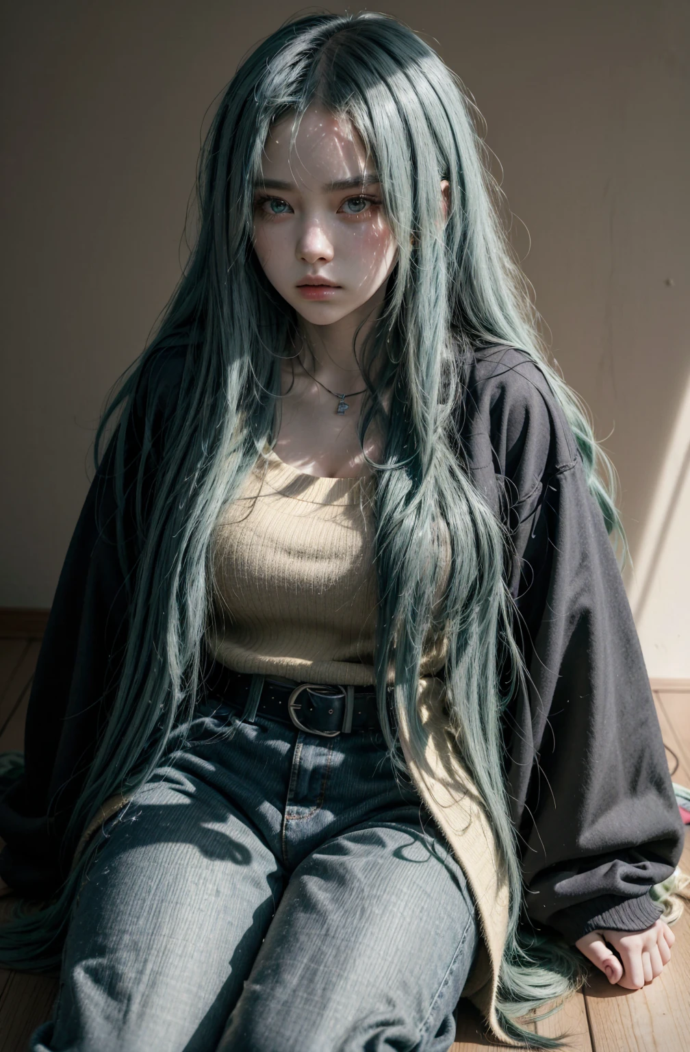 Kpop young age girl long dark yellow hair, cute face, irresistible, sit pose, poster, serious face, full half body show, tattoos, wears cool black mixed blue ang green open jacket with long big sized shirt, long black pants with belt, (gray background), popstar, has messy lime green hair, and a green one-suit with a diamond. Her has a normal Putt Putt Troll appearance overall, as most of them resemble his appearance with exceptions like Viva. Her attire a reference to the golfing attire of golfers.