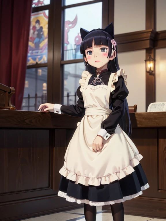 Ultra-high resolution, Attention to detail, (ruri gokou), blush, Long Hair, black hair, mole, mole under eye, 1 girl, Maid clothes, Cat ear, Black Tail, Anime Style, (apronスカート), Midi Skirt, (stockings), apron, Frills, ribbon, race, sense of cleanliness, cute, grace, service, (Demure), Cosplay, Black cat tail, collar, cuffs,Victorian, middle ages, city, church, satin, full body