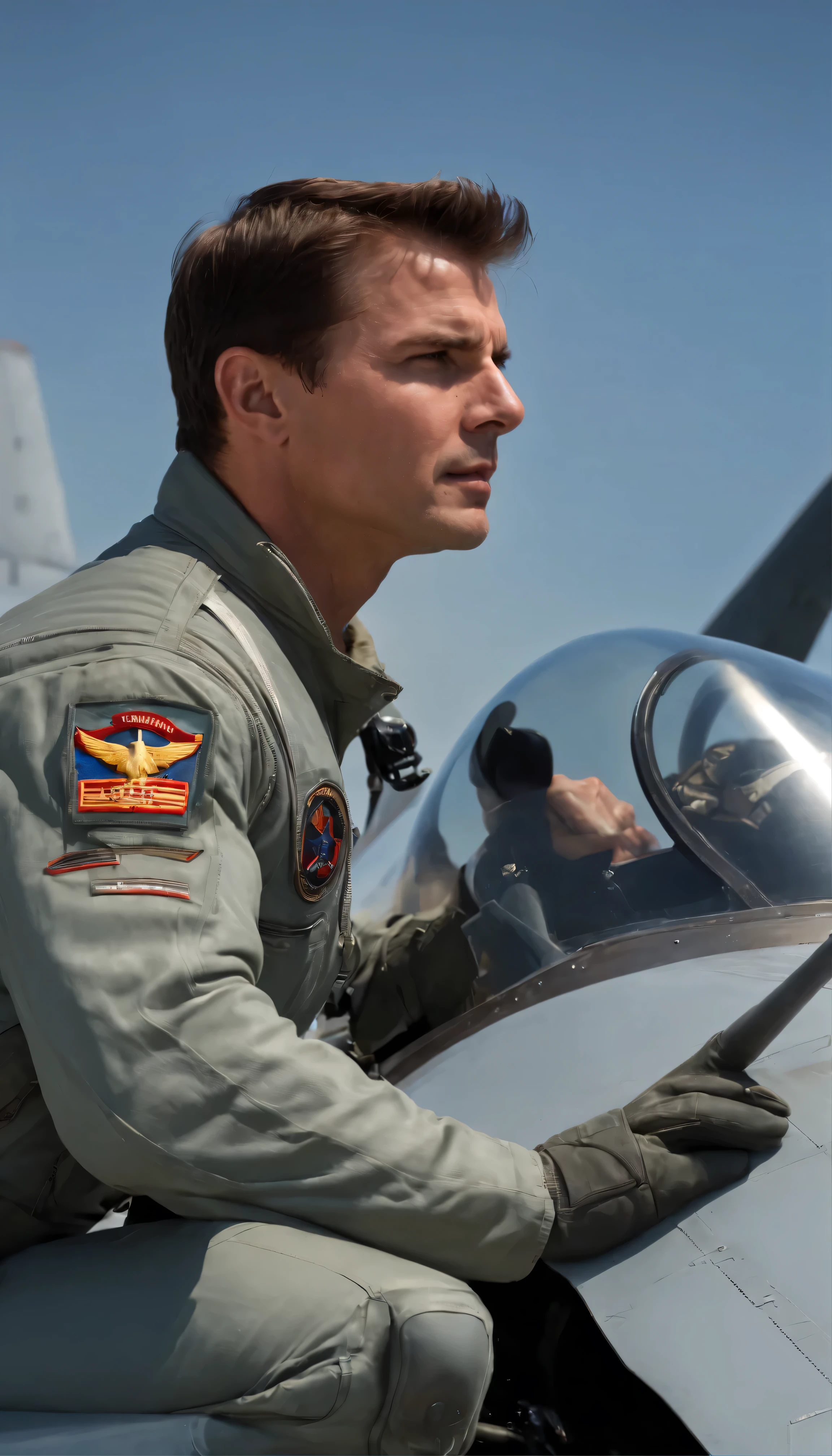 with high definition images，Hollywood high definition movie stills:『Top Gun Maverick』The thrilling battle scenes。Glide through the breathtaking skyline in an F-14 Tomcat piloted by the legendary Maverick。With precise precision、His aircraft shining in the sunlight、It showcases some impressive techniques of modern aerial combat.。The intensity of this scene、Hold the control stick tightly、The image is accentuated by the look of concentration on the pilot&#39;s face as he skillfully controls his aircraft in a dance of speed and power.。Accurate F-14 Maverick fuselage shape Tom Cruise profile.Face Details