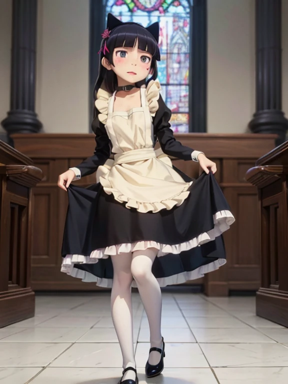 Ultra-high resolution, Attention to detail, (ruri gokou), blush, Long Hair, black hair, mole, mole under eye, 1 girl, Maid clothes, Cat ear, Black Tail, Anime Style, (apronスカート), Midi Skirt, (stockings), apron, Frills, ribbon, race, sense of cleanliness, cute, grace, service, (Demure), Cosplay, Black cat tail, collar, cuffs,Victorian, middle ages, city, church, satin, full body