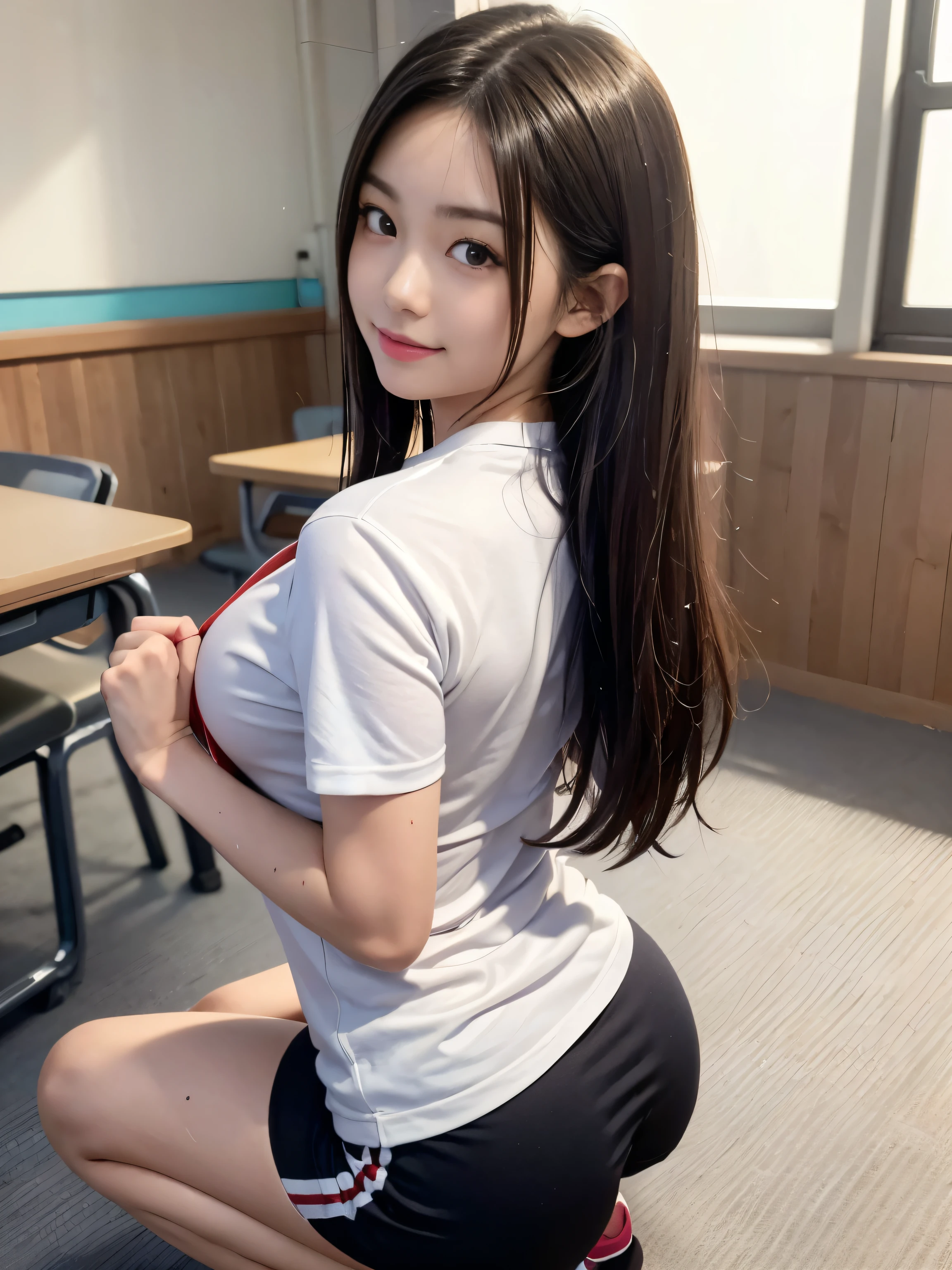 ultra highres,(reality: 1.4),highest quality, masterpiece, high detail, 16K quality, beautiful, 1 beautiful girl,japanese,super beautiful face,baby face,japanese idol face,cute face,super detailed face,detailed hand,beautiful skin,sweaty skin,big eyes,big smile,profeccional lighting,medium hair, black hair,brown beautiful eyes, gym uniform,school gym buruma,(red buruma), white shirt, short sleeves, standisng,spread legs,medium breasts,high socks,she is looking at the camera,classroom,nsfw,back shot,