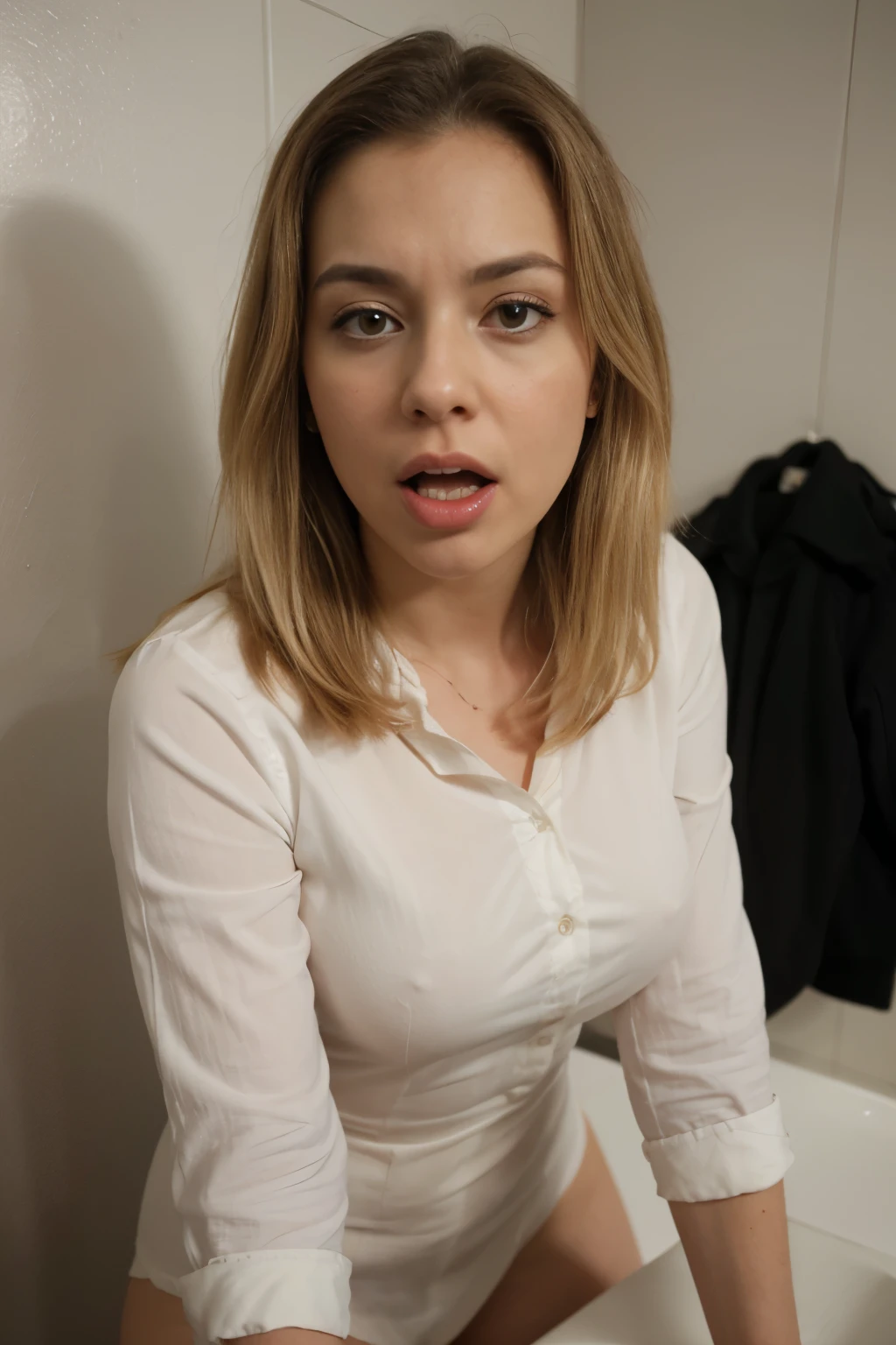 ((melhor qualidade)), ((obra de arte)), (detalhado), sexy blonde secretary in bathroom stall, very angry look on her face, mouth open, dress pants, cum on face