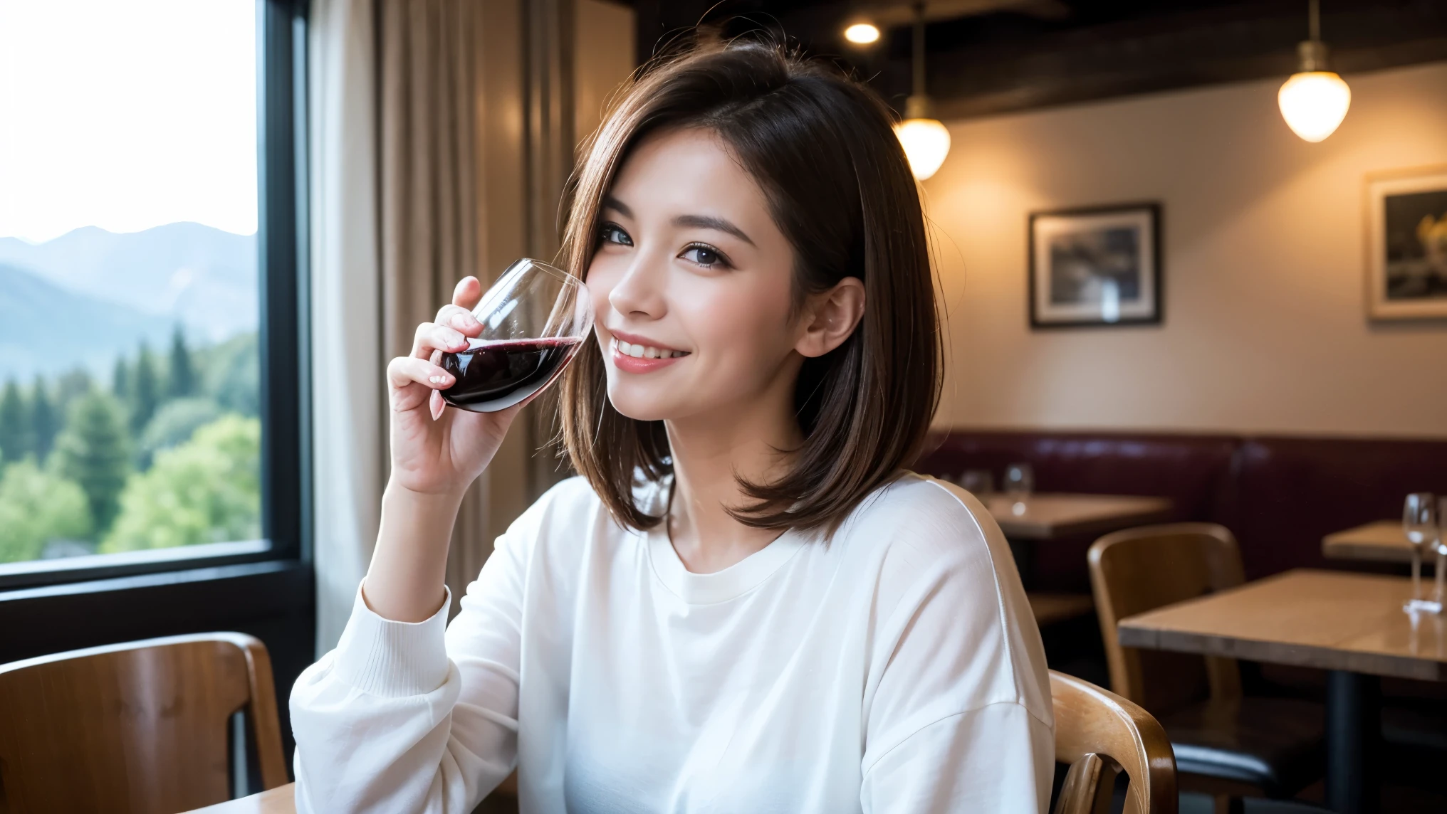 ((highest quality、8k、masterpiece:1.3))、1 male、1 female、Couple、Spouse、Couple、The body is slim、((Bob Hale、Straight hair:1.2)), (Realistic, Intricate details:1.2), テーブルの上のwine glass、Shine light on your face、 Amazing view of the sunset sky and clouds、Amazing mountain views、A bright smile、The wonderfulness of smile、Bright image、The beauty of wine, Beautiful Face, blue eyes, The light shines on your face, Blushing, short hair,Bright Face、 (Age 37), 39 years old, red wine 、Appetizers、Italian food、Wine bottle、Champagne、sparkling wine、Two beauties、Brown Hair、Shortcuts、Long sleeve shirt、dress、Pretty Woman 1, (slimな顔), (The body is slim), (Brown Hair), (Shortcuts), cheeks turn a little red,Attractive beauty、restaurant, In a prominent place (From the waist up) Nova Frog Style, actress, model, Upper Body, White wine, slim, wine glass, 中央に置かれたwine glass, smile, (smile: 1.15), Beautiful fine grain, Depth f/2,saturation, High Contrast, Strong light and shadow,Moist Body:1.5、3D texture、Delicate eyes、Brown Hair、The hair is very shiny、