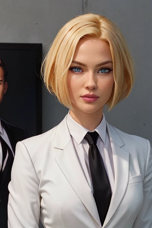 masterpiece, high quality, best quality, realistic, fine detail, black suit, black necktie, MIBSuit, white shirt, Black Suit, Black Jacket Coat, Formal Look,  large breasts, (muscular female:0.8), portrait, upper body, blank background, Agent L, blue eyes, blonde hair, short hair, bob hair, black suit, black jacket