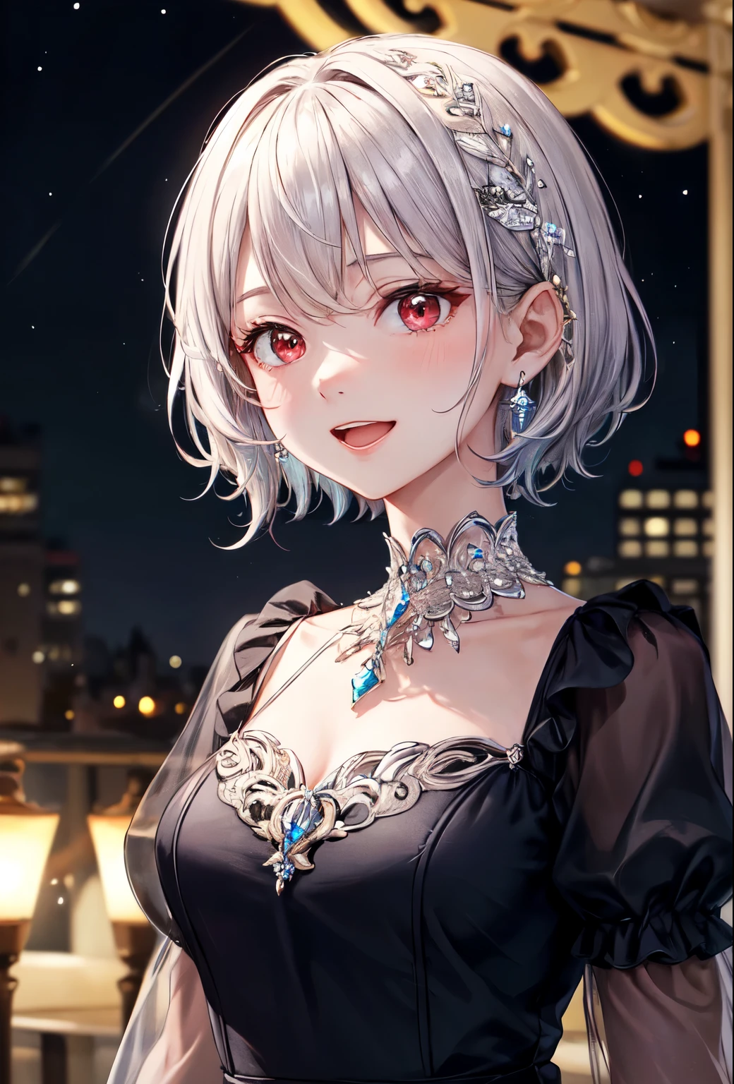 (masterpiece,top quality,high quality)), ((8K wallpaper unified with high definition CG)), Solo mature woman, 35yo,
Portrait, beautiful, full lips, smile, red make up, white hair in a loose bun, two long bangs parted, exposed forehead, long
eyelashes, sultry gaze, sexy, dark purple evening gown, very large breasts, long red fingernails, MILF, curvy body, mansion background, luxery, thick thighs, green eyes,