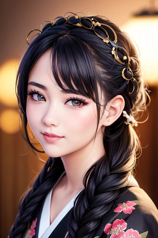 photo realistic bokeh portrait of a beautiful 20-year-old Japanese girl, hair in french braid, wearing a black textured kimono with floral elements, searing look, big eyes, gorgeous lips, kissy face, smile, clear skin, rim lighting, studio