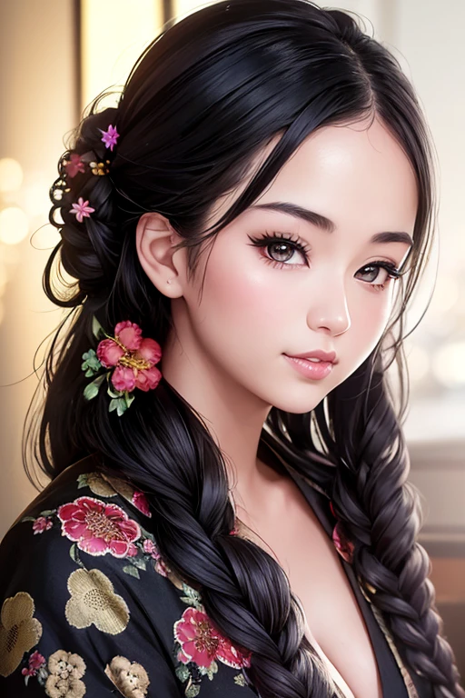 photo realistic bokeh portrait of a beautiful 20-year-old Japanese girl, hair in french braid, wearing a black textured kimono with floral elements, searing look, big eyes, gorgeous lips, kissy face, smile, clear skin, rim lighting, studio