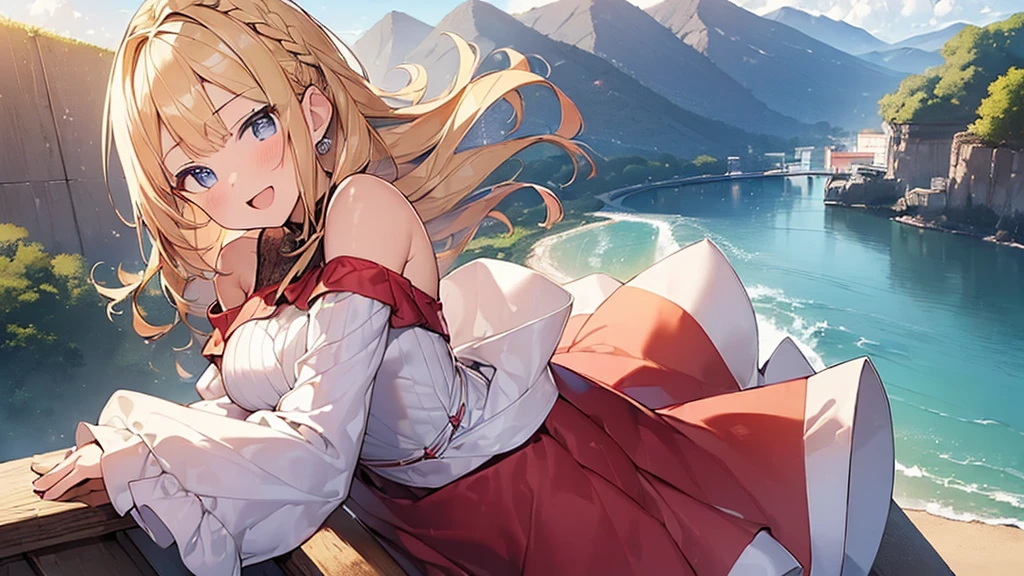 (Masterpiece, Top quality: 1.5), (dress:1.4),(off shoulder:1.3) (detached sleeves:1.2), 1 beautiful girl, solo, blond hair, Braided hair, medium hair, wave hair, (junior high school student:1.2), medium breasts, standard weight, smile:1.2, blush:1.2, open mouth, dynamic pose, beautiful scene, magnificent panorama view