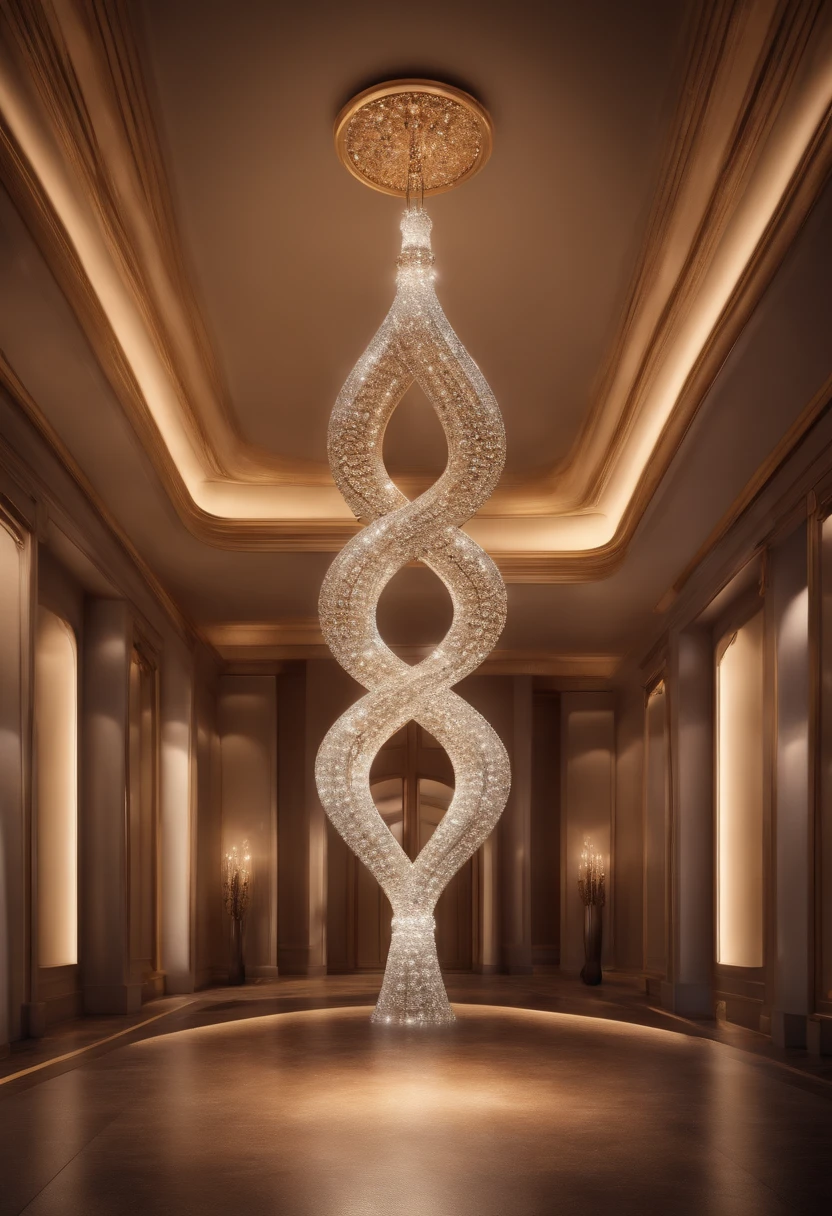 Professional architectural 3D rendering of a chandelier design in the shape of an infinity sign and modern crystals