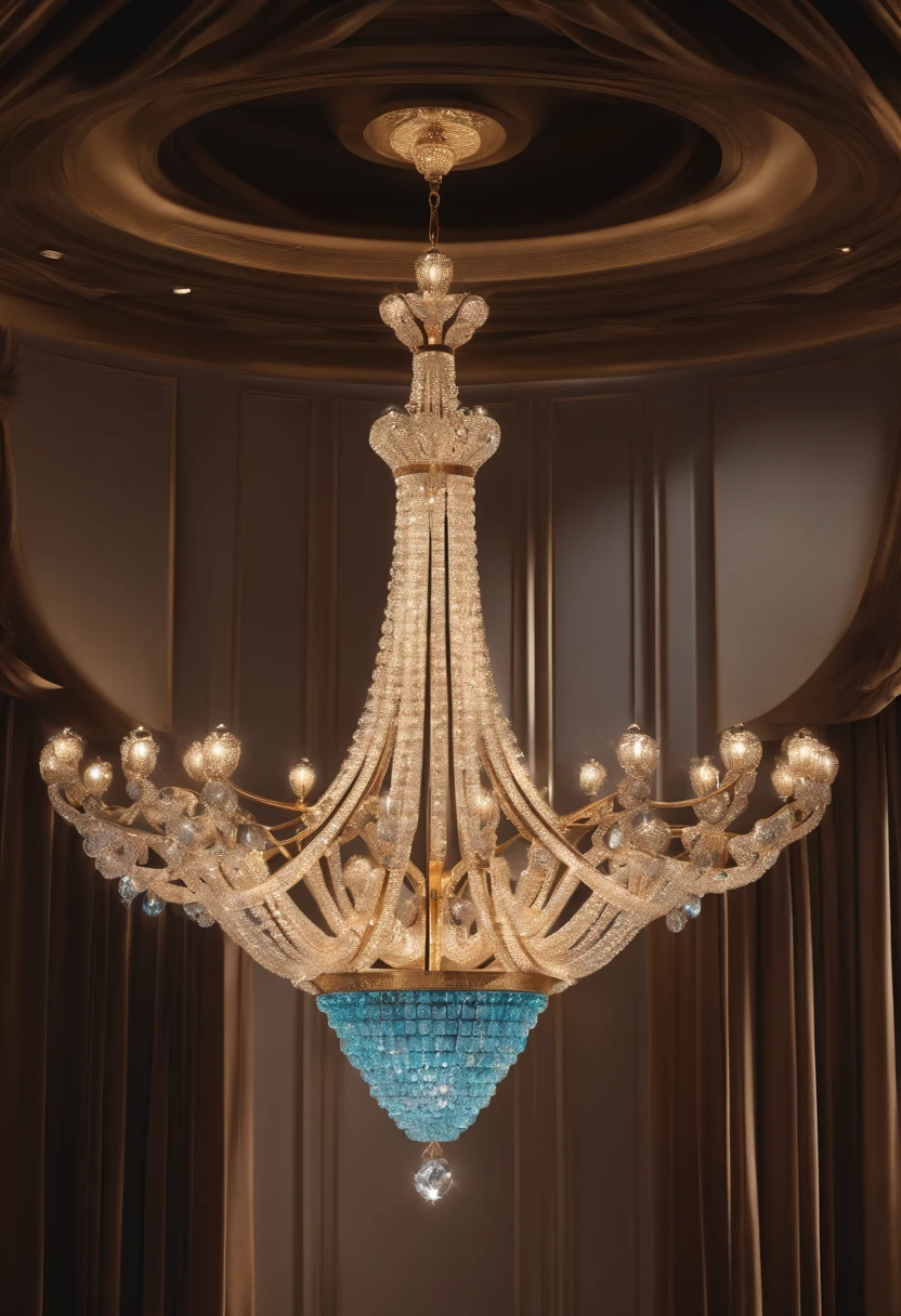 Professional architectural 3D rendering of a chandelier design in the shape of an infinity sign and modern crystals